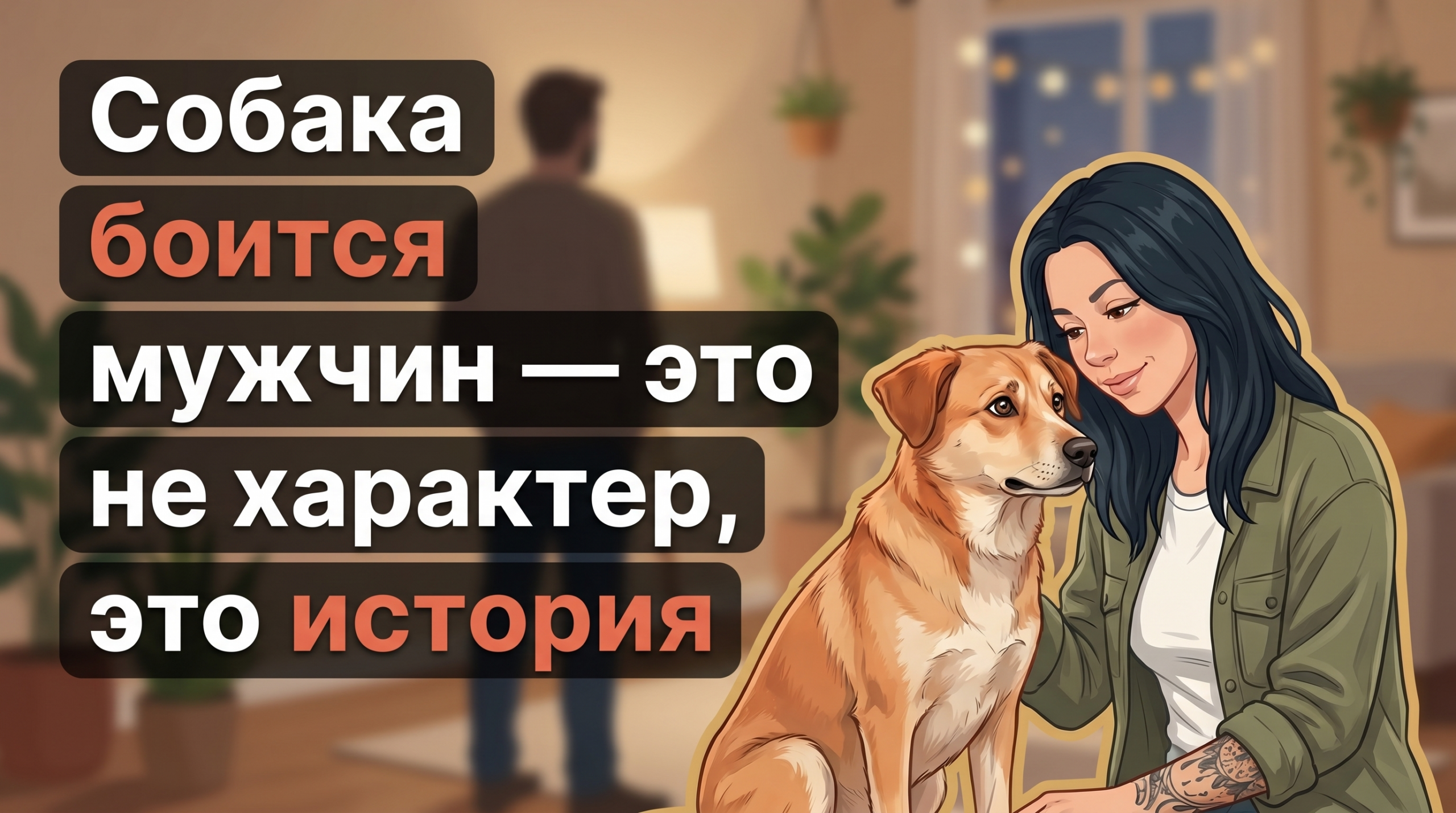 Обложка Korektika-Pes: Анна с настороженной собакой в комнате и заголовок о страхе мужчин.