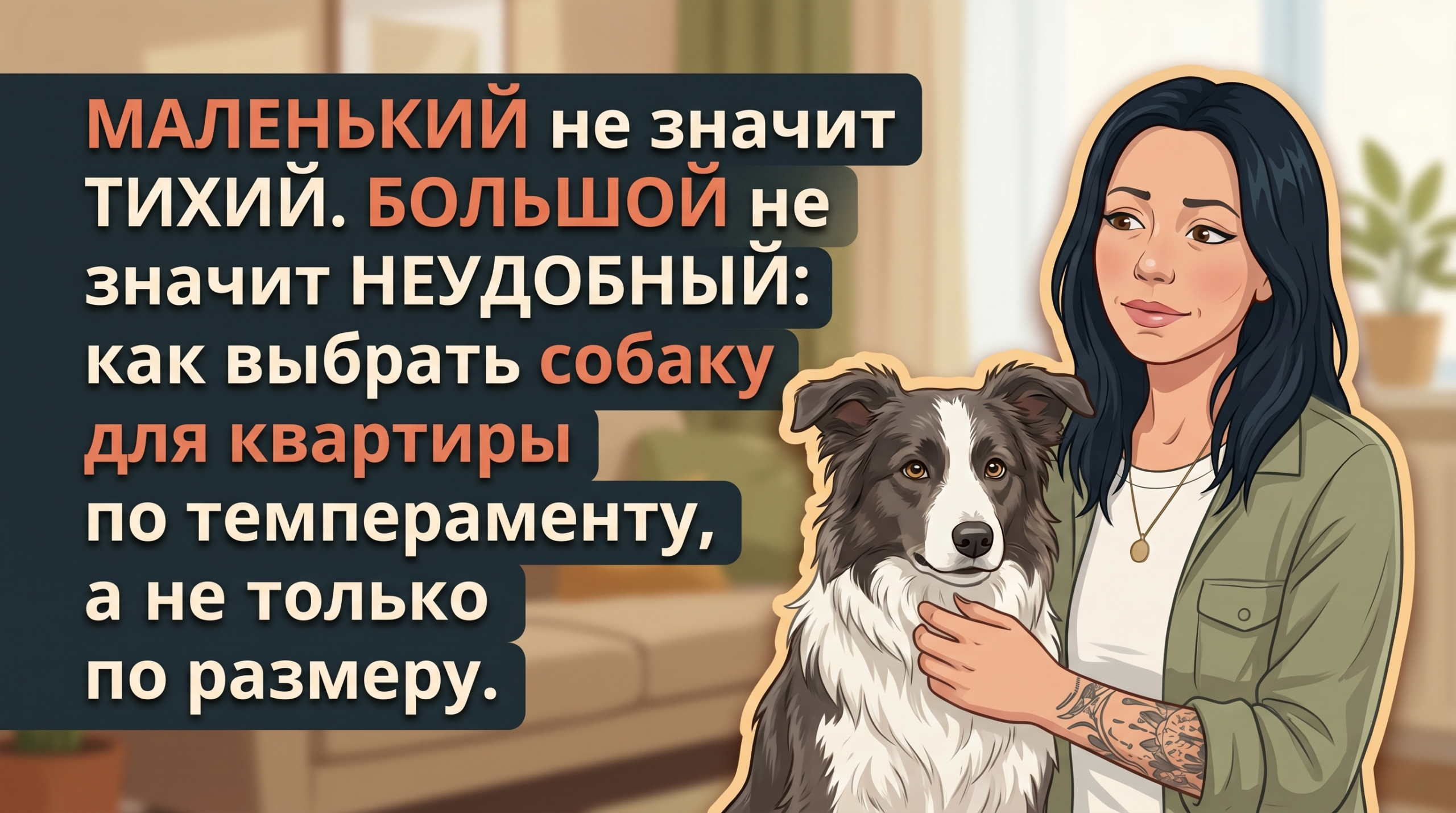 Обложка Korektika-Pes: Анна с бордер-колли в уютной квартире и текст о выборе собаки для квартиры по темпераменту.