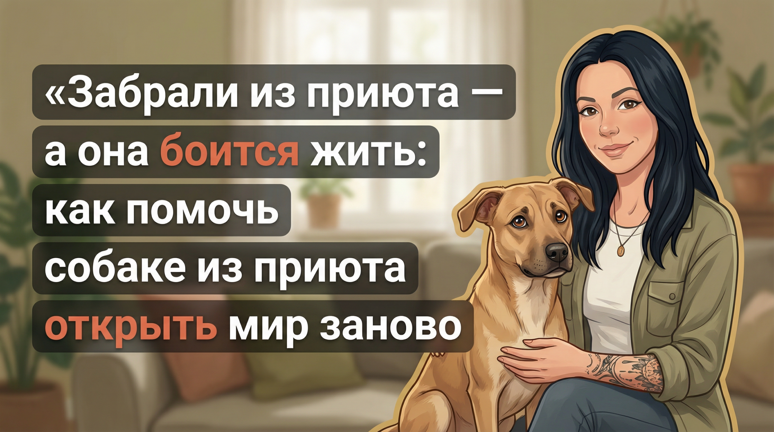 Обложка Korektika-Pes: Анна с татуировками рядом с настороженной собакой из приюта в уютной комнате.