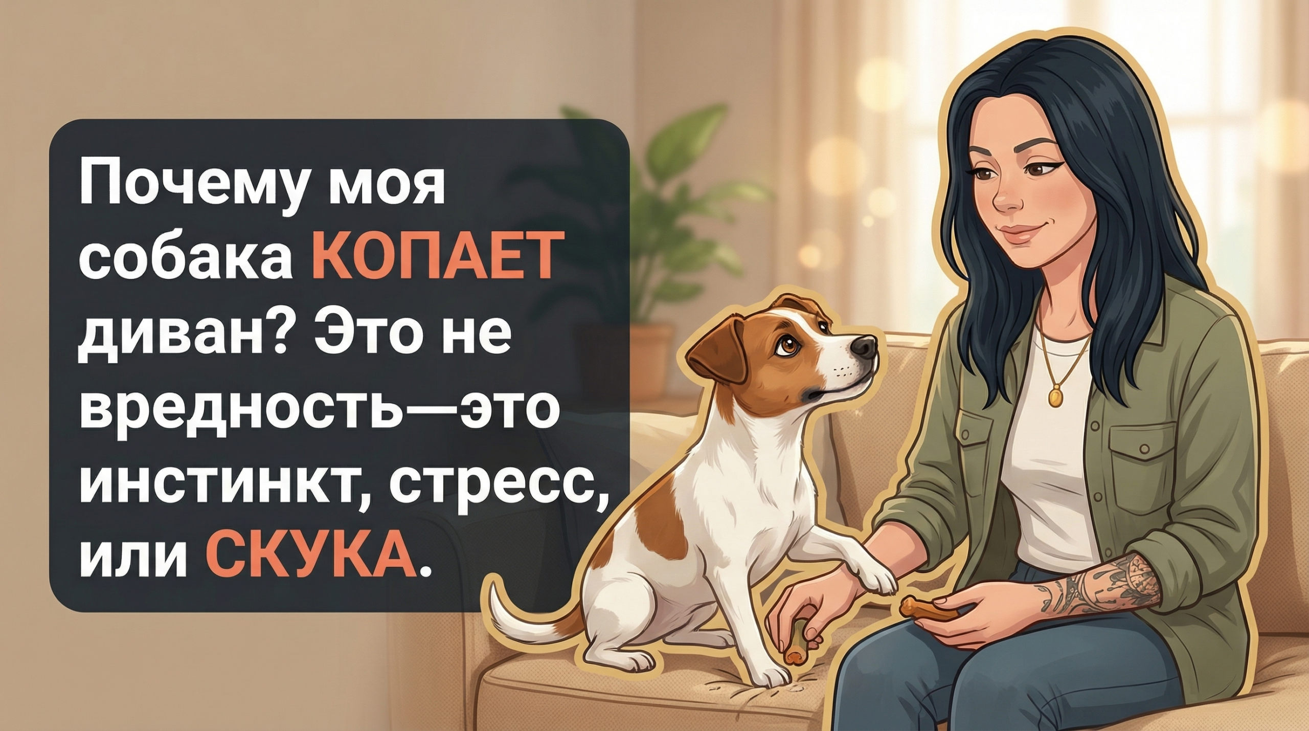 Обложка Korektika-Pes: Анна с татуировками рядом с собакой, которая роет диван в гостиной.