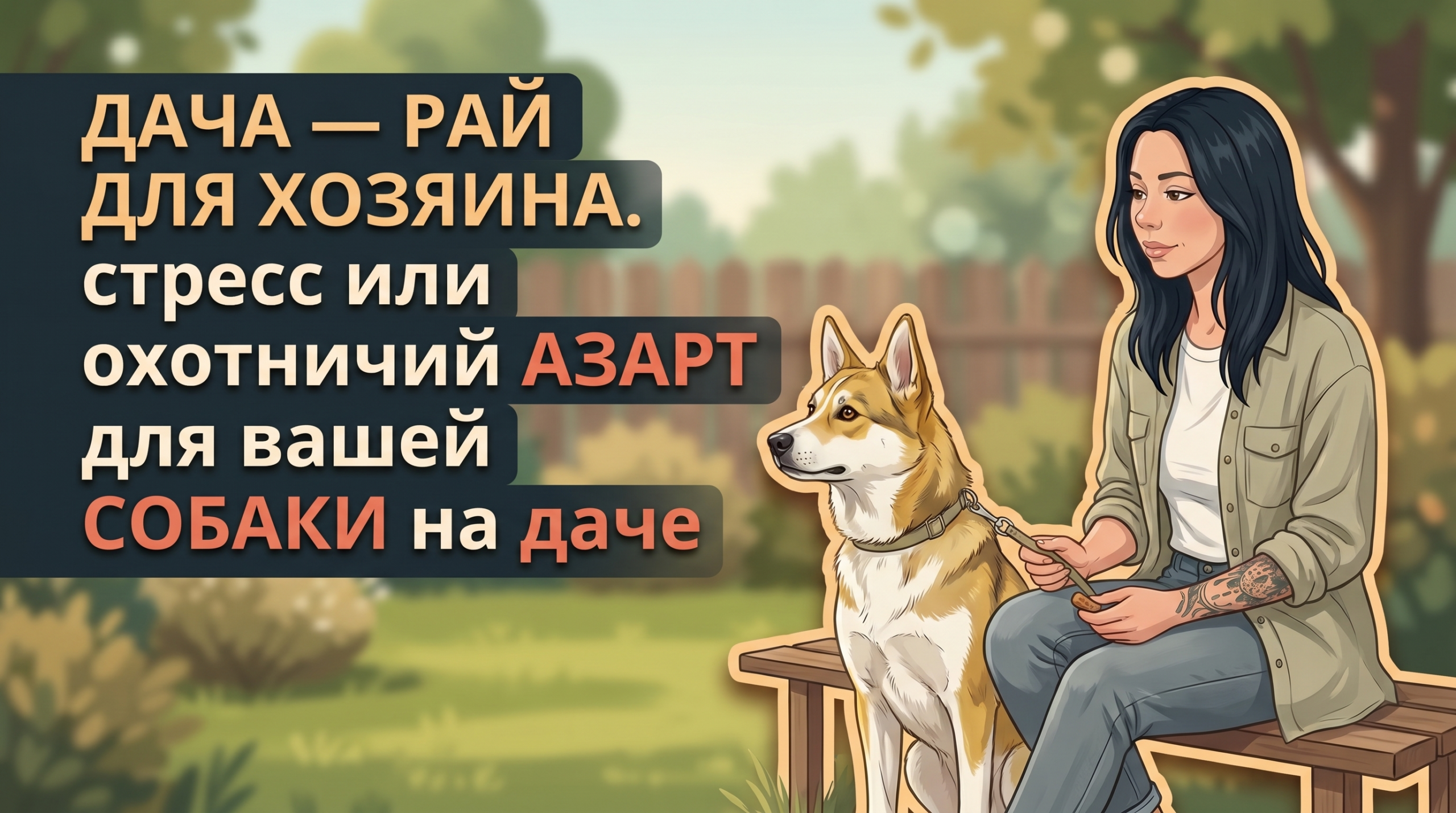Анна Korektika-Pes с собакой на даче, заголовок о стрессе, побегах и охотничьем азарте.