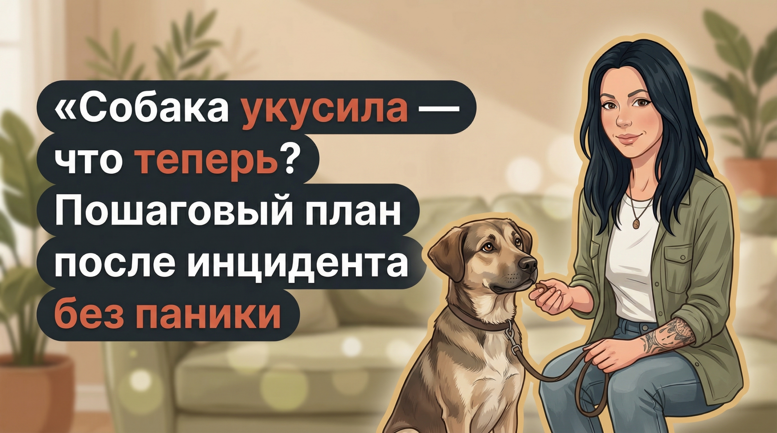 Обложка Korektika-Pes: Анна-зоопсихолог рядом с собакой и заголовок о плане после укуса.