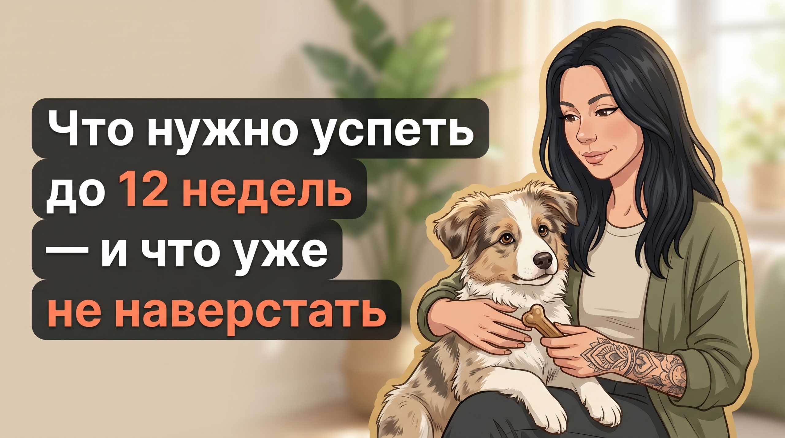 Анна с щенком дома и заголовок о том, что нужно успеть до 12 недель социализации.