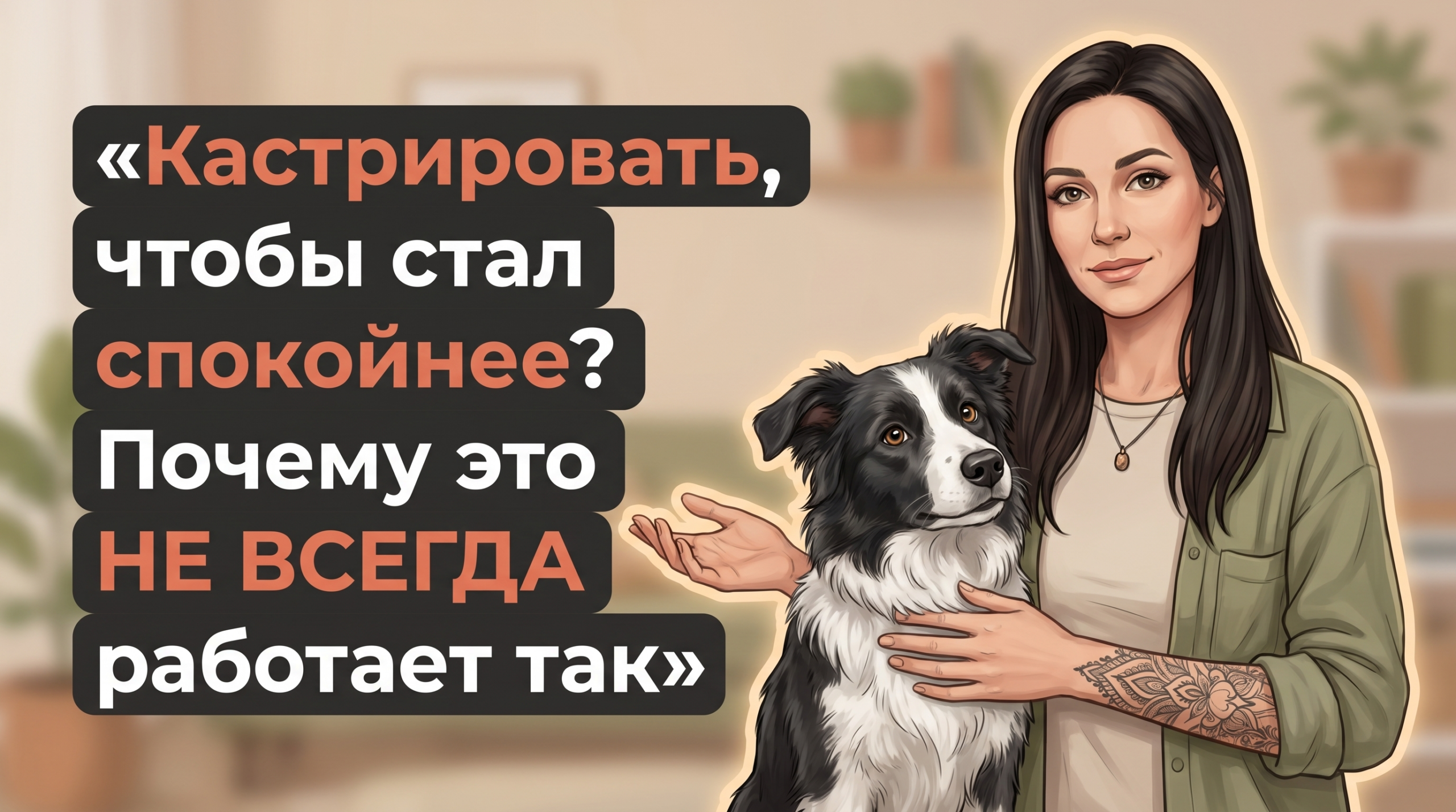 Детализированная обложка Korektika-Pes: Анна с татуировками и собакой обсуждают влияние кастрации на поведение.