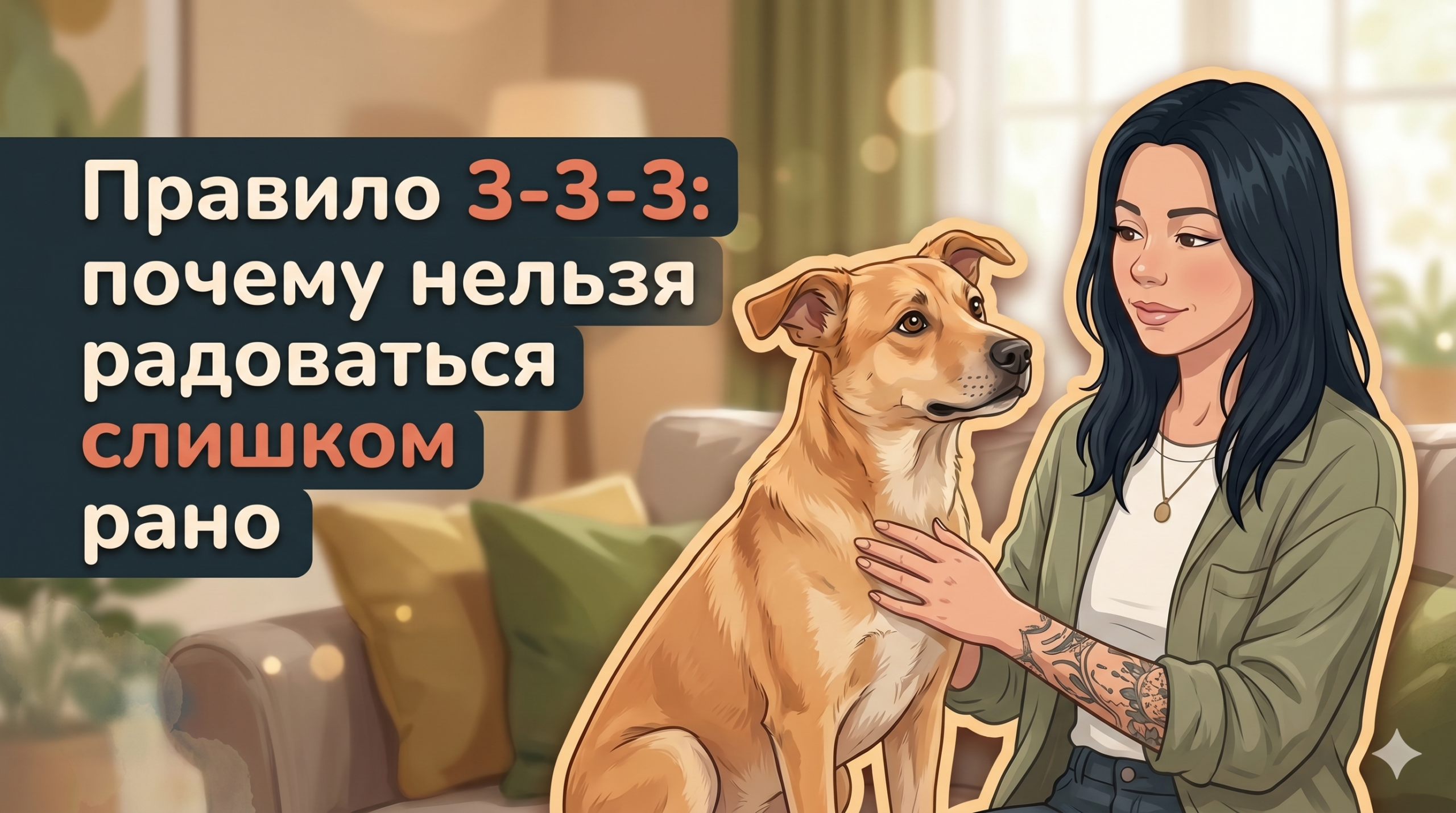 Обложка Korektika-Pes: Анна с новой собакой дома и крупный заголовок о правиле 3-3-3.