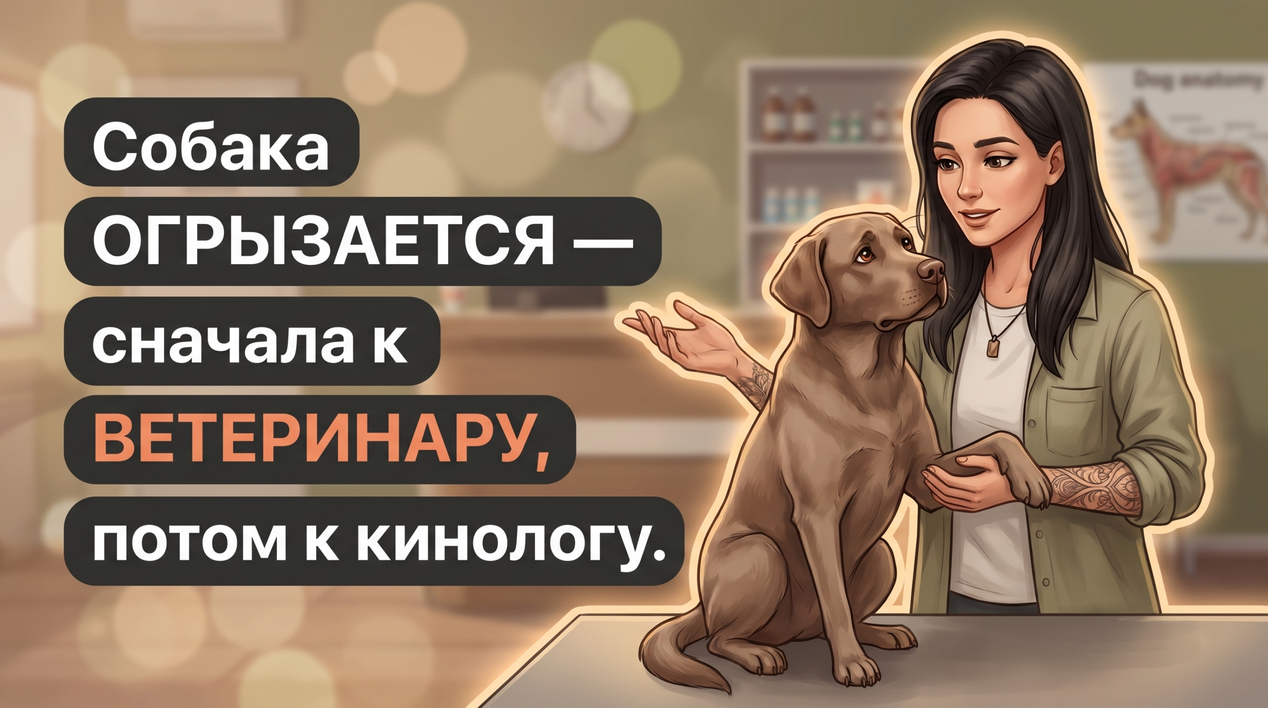 Обложка Korektika-Pes: Анна с собакой в ветклинике и текст о боли и поведении.