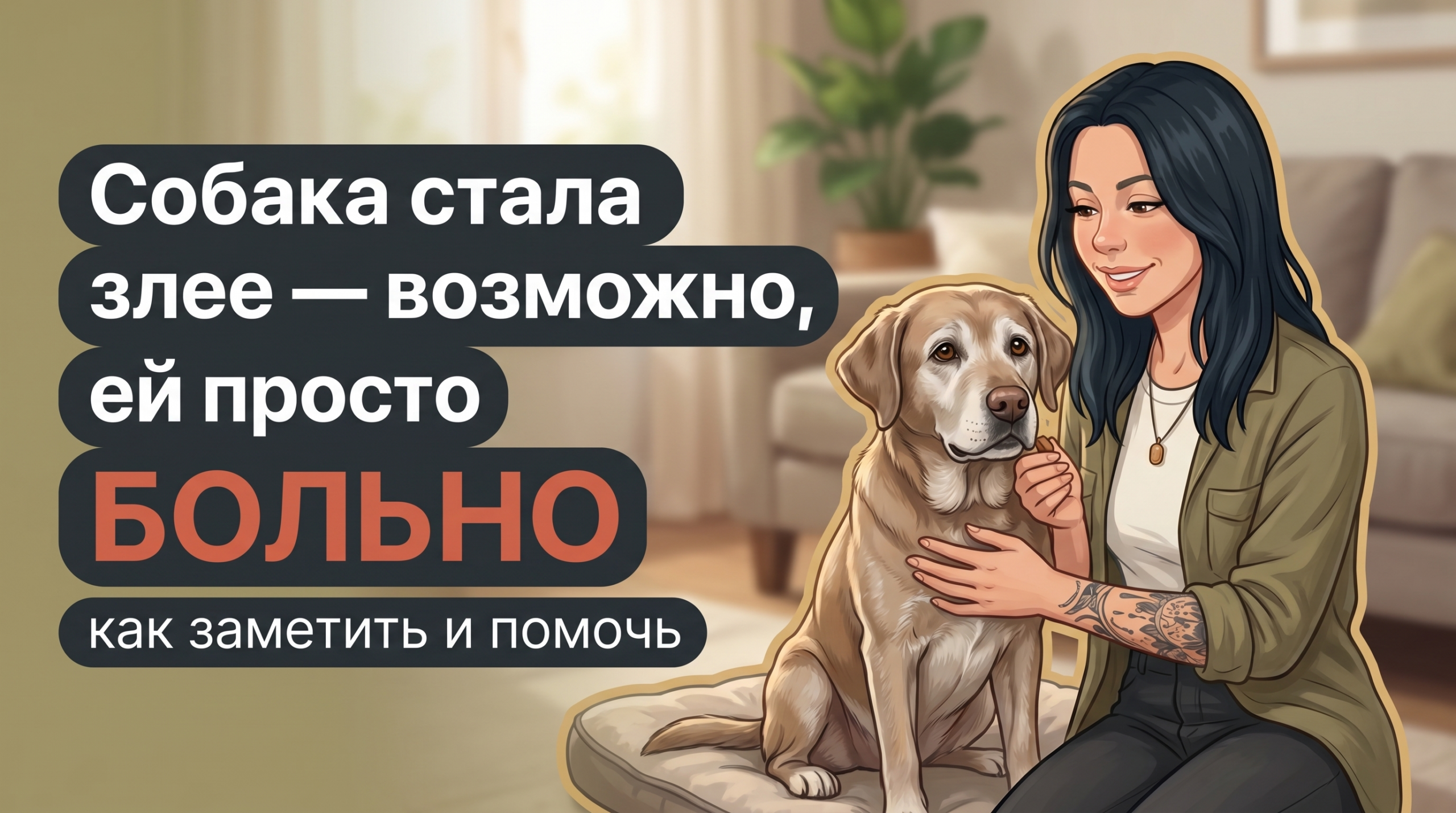 Обложка Korektika-Pes: Анна с татуировками заботливо поддерживает пожилого ретривера с больными суставами.