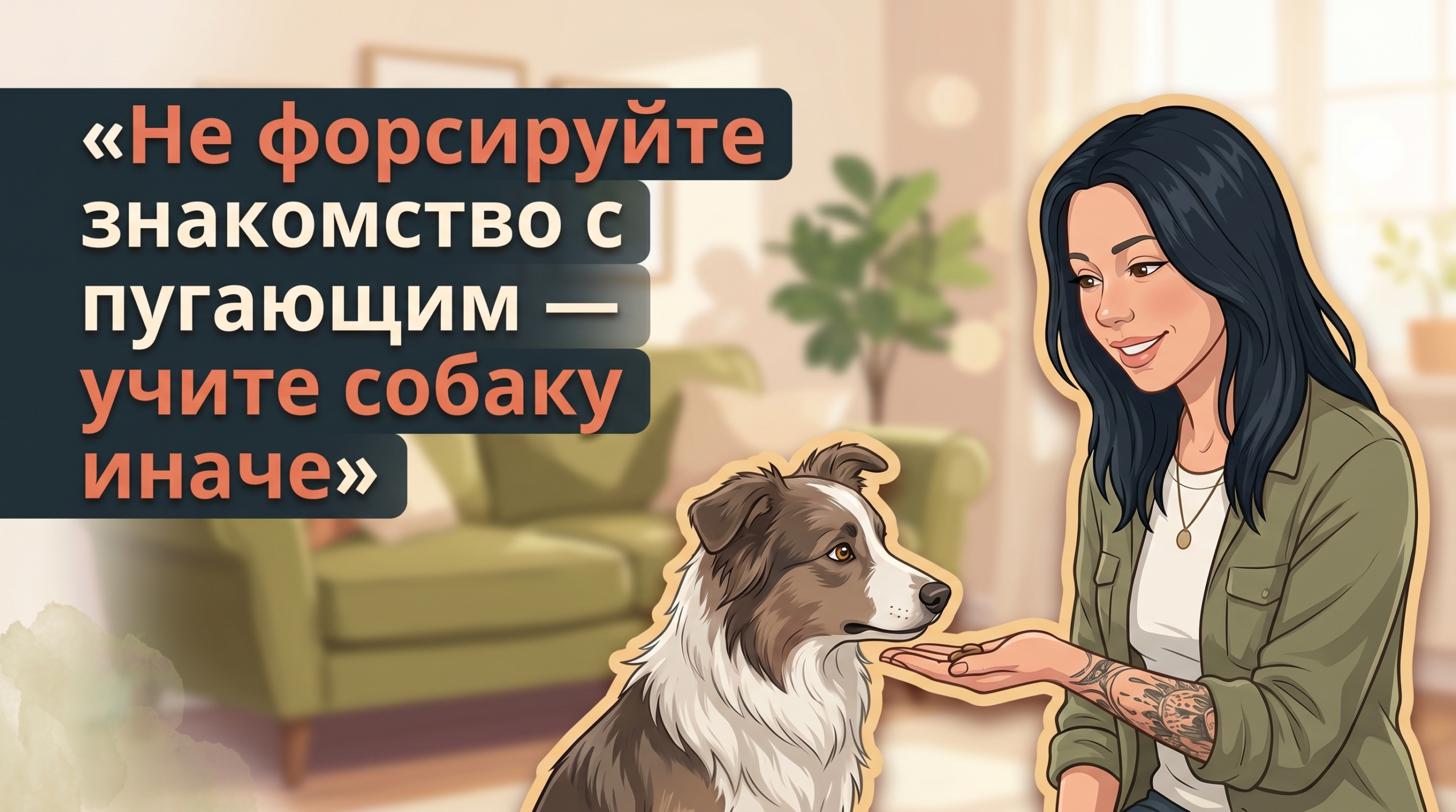 Анна-зоопсихолог с собакой в комнате и заголовком о мягкой десенсибилизации собаки.