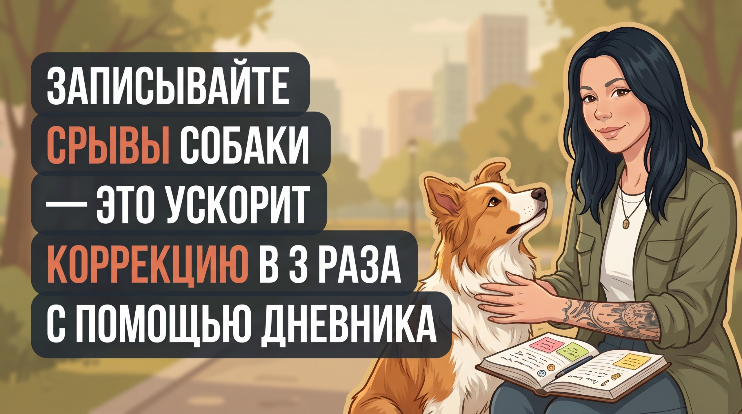 Анна с блокнотом дневника поведения рядом с собакой в парке, обложка Korektika-Pes для Дзена.