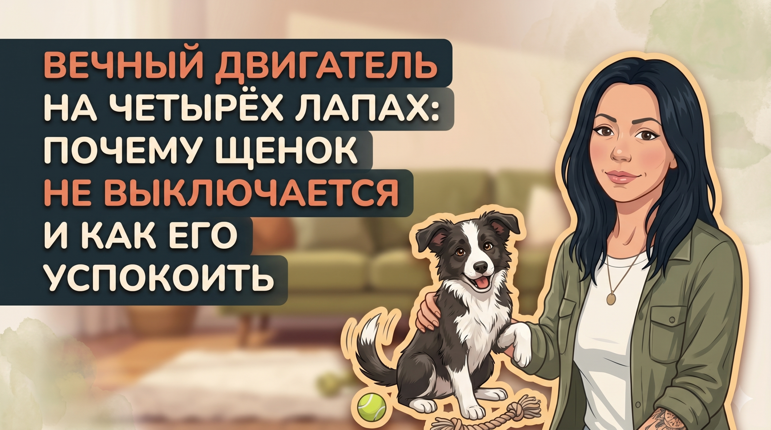 Обложка Korektika-Pes: Анна с активным щенком в комнате и заголовок о вечном двигателе.