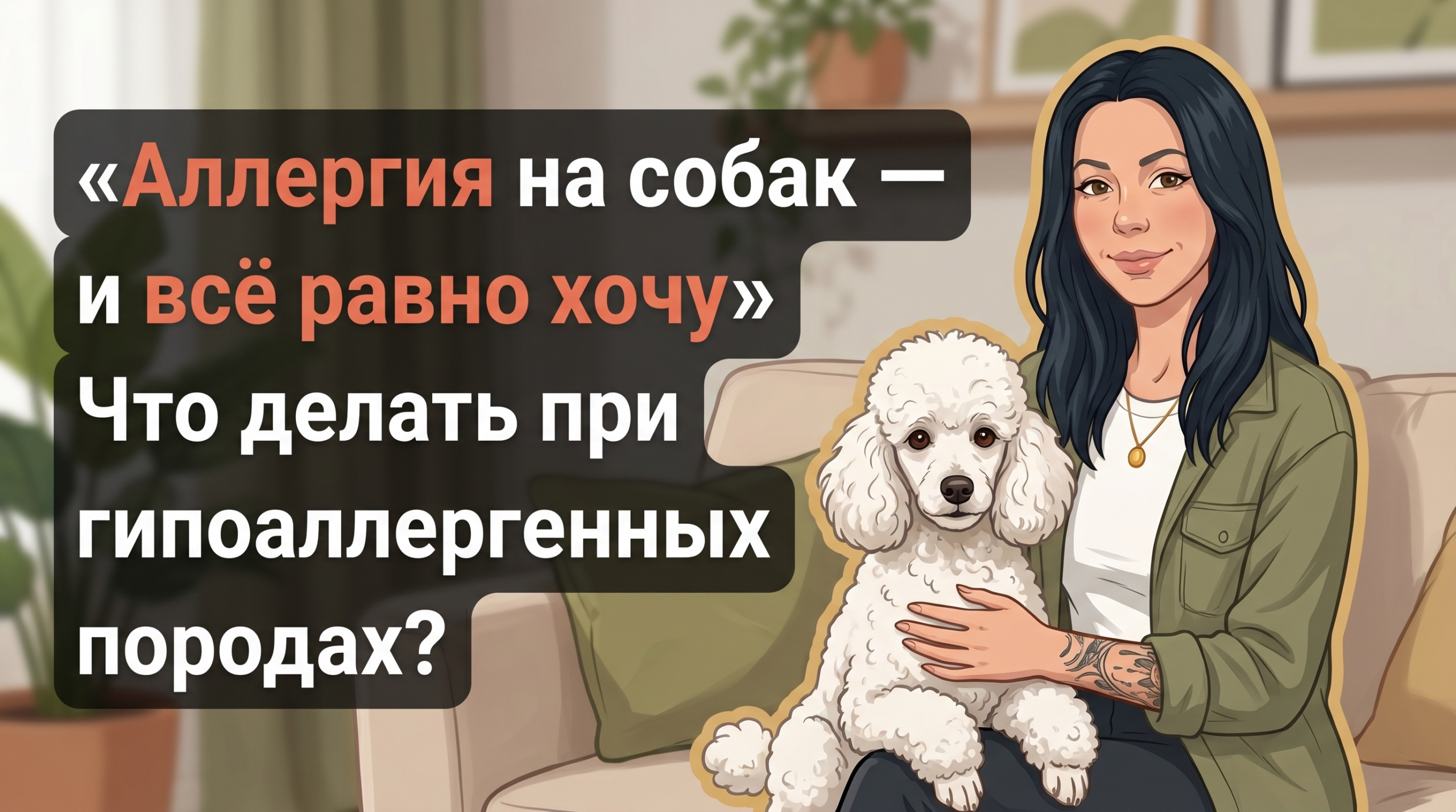 Обложка Korektika-Pes: Анна с маленьким пуделем на диване, текст про аллергию и собак.