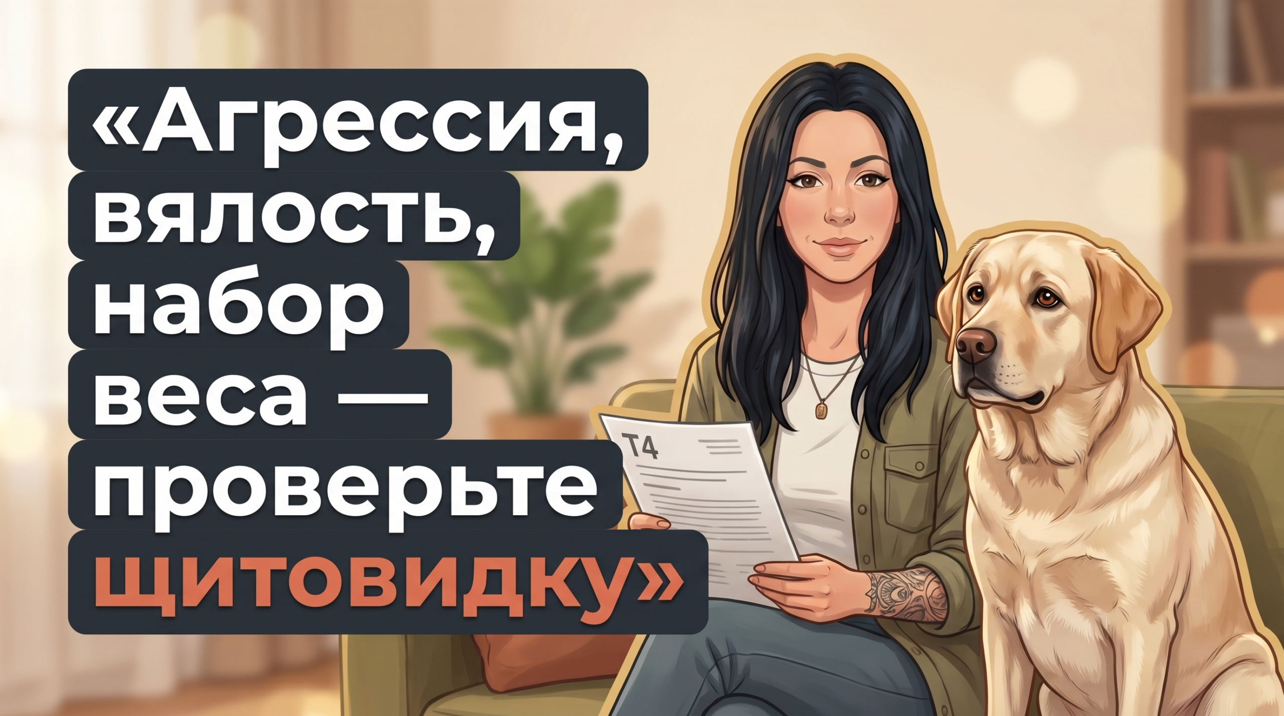 Обложка Korektika-Pes: Анна с татуировками рядом с лабрадором и заголовком про агрессию и гипотиреоз.