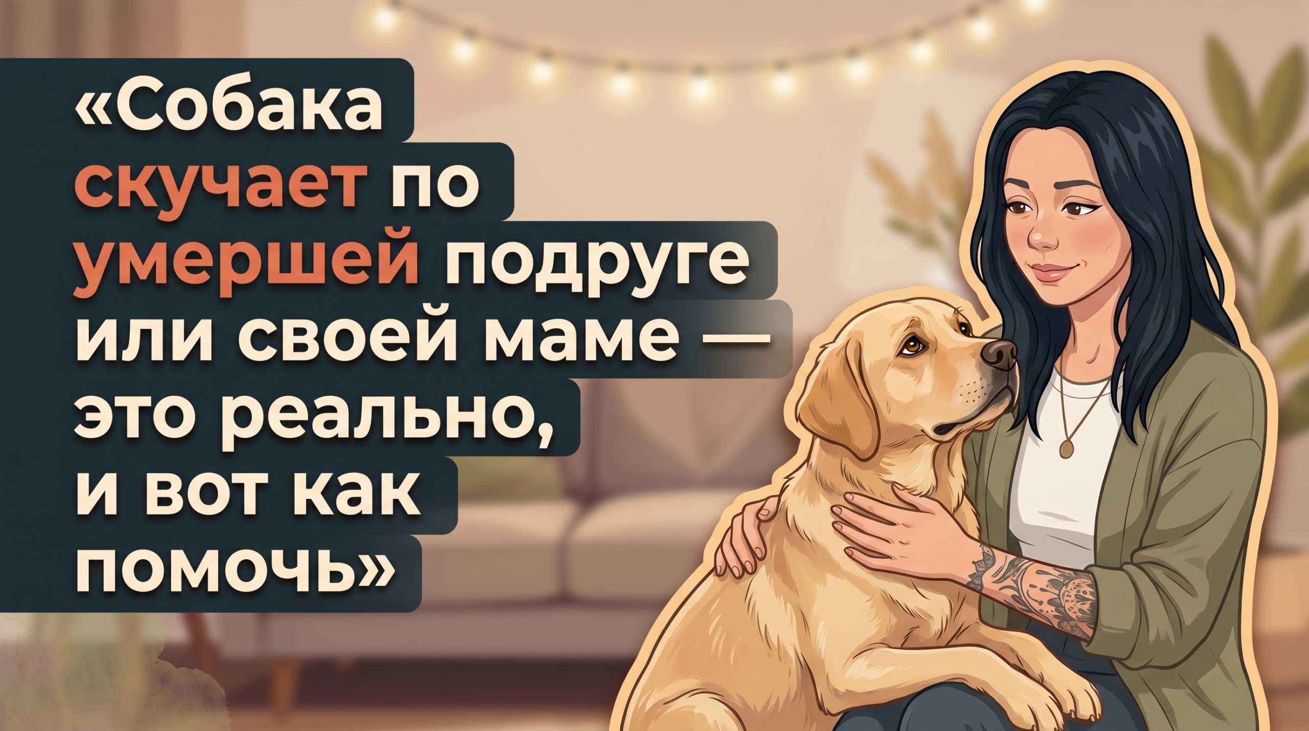 Обложка Korektika-Pes: Анна с татуировками обнимает грустную собаку на фоне уютной комнаты.