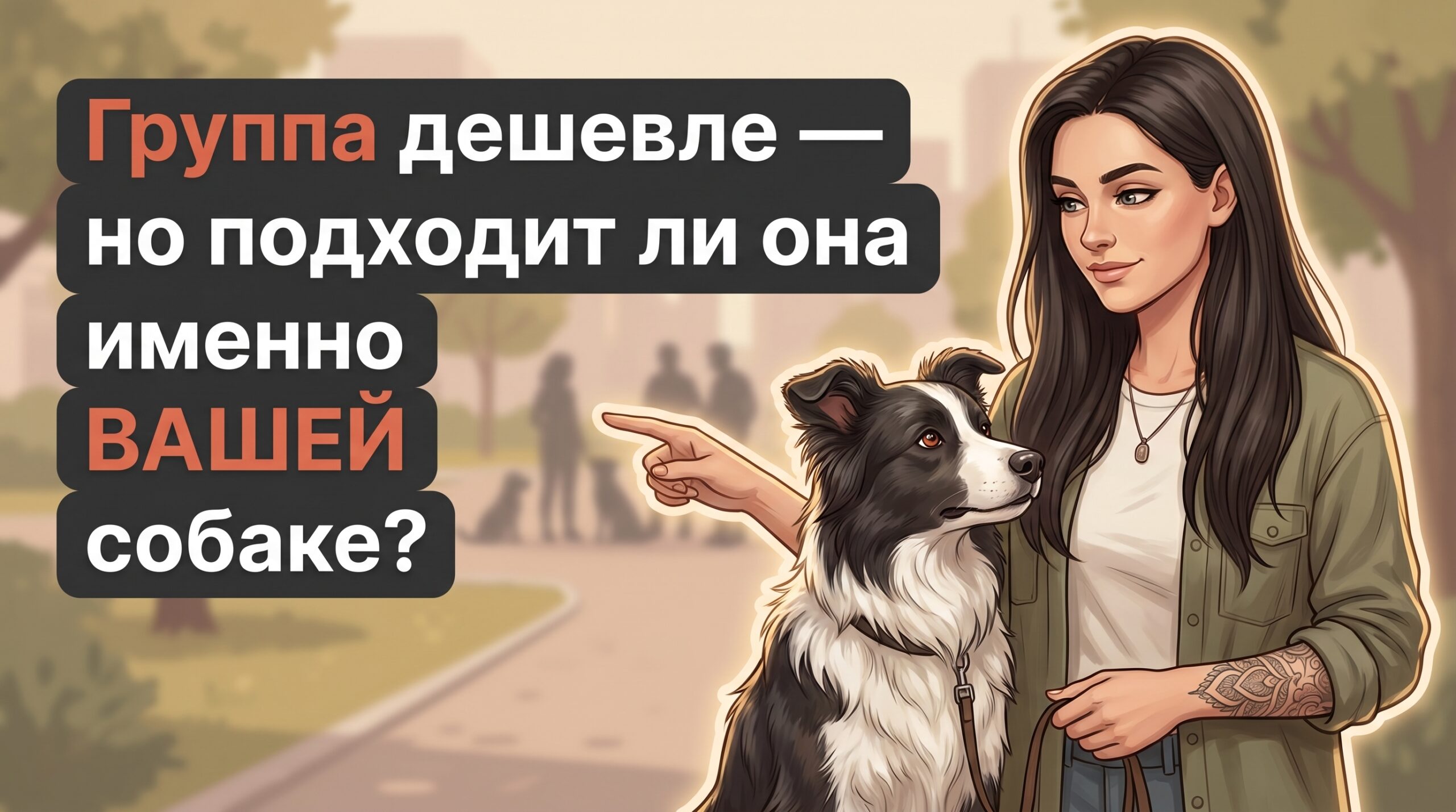 Обложка Korektika-Pes: Анна с бордер-колли в парке и текст о выборе группы или индивидуальной дрессировки.