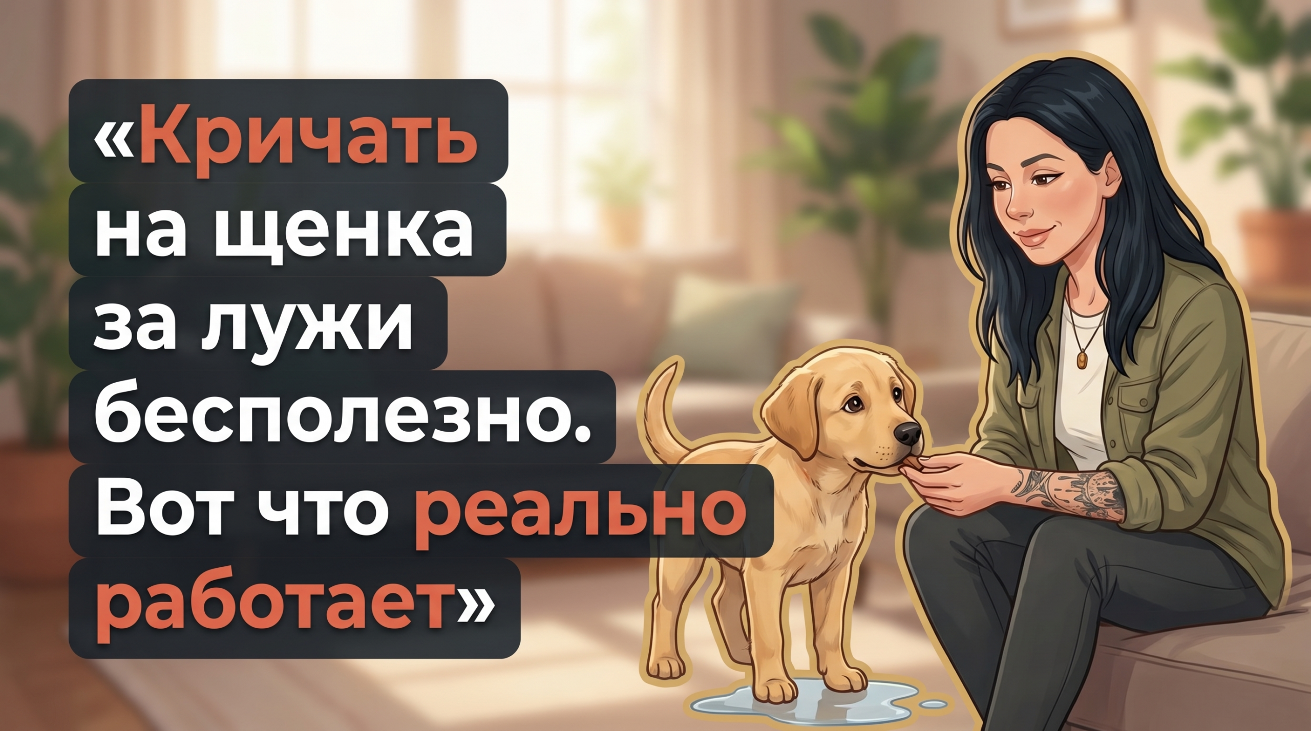 Обложка Korektika-Pes: Анна спокойно обучает щенка туалету дома, без криков.