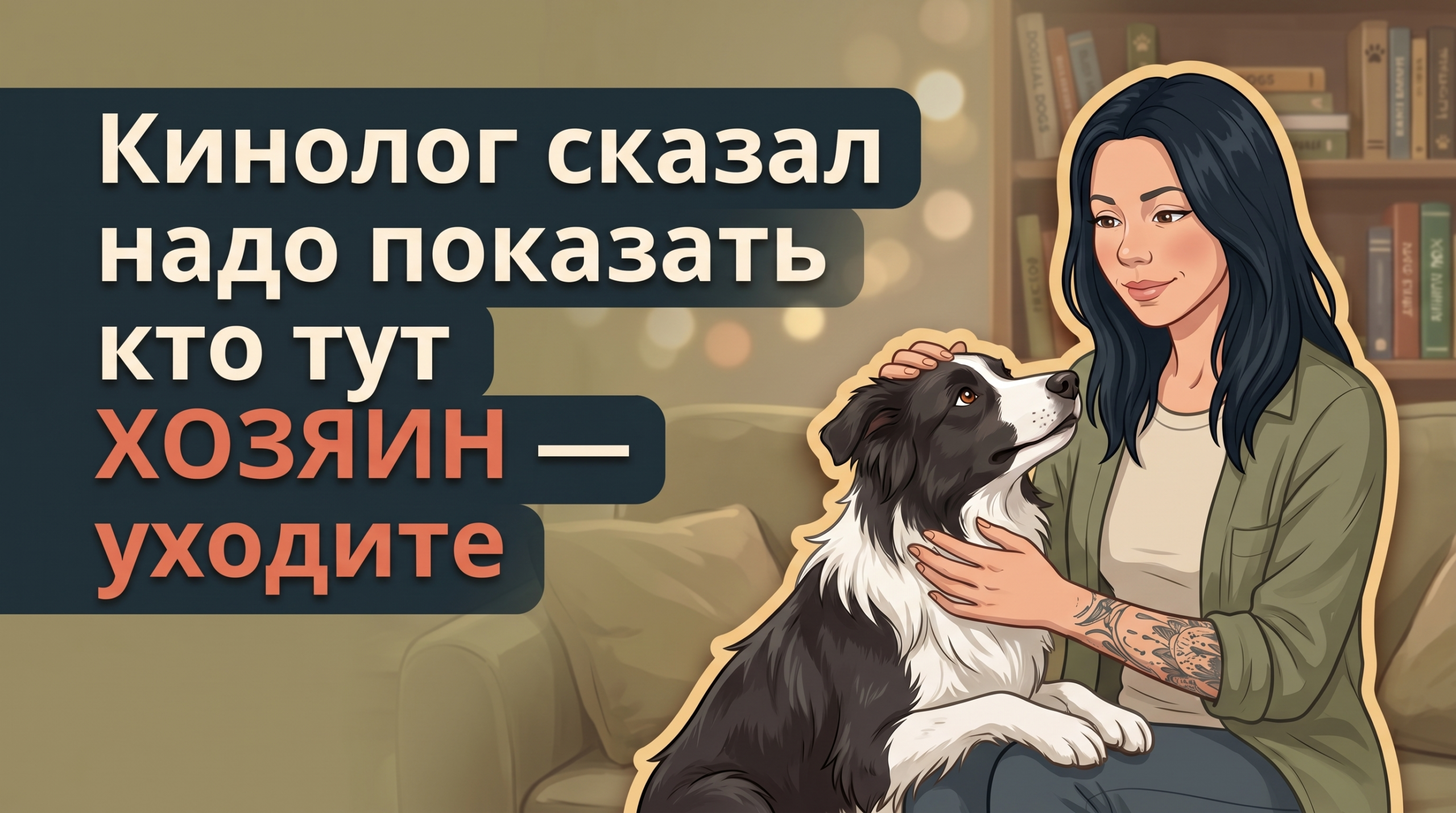 Анна Korektika-Pes с собакой дома и заголовок о выборе кинолога и словах «надо показать кто хозяин».