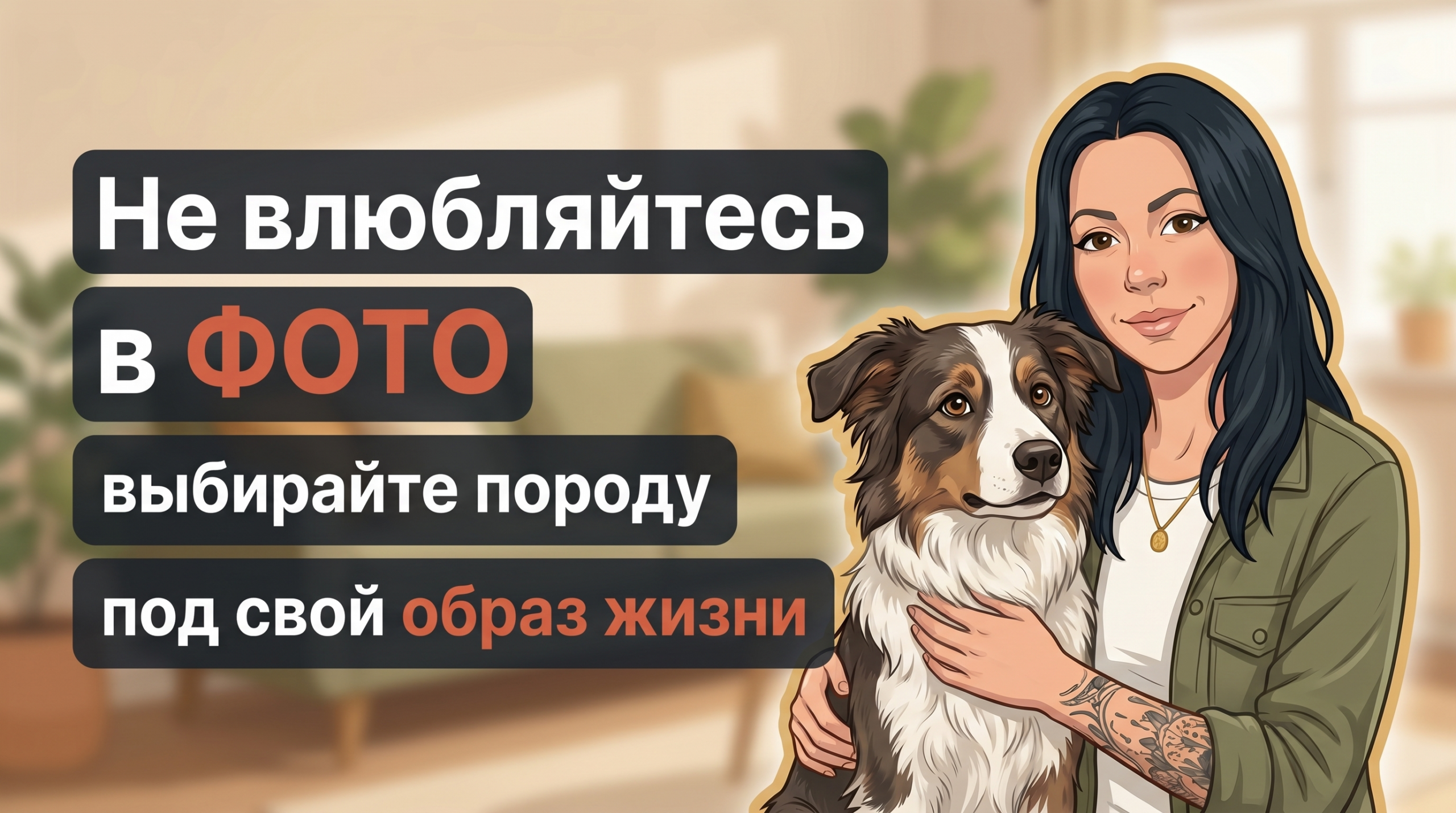 Обложка Korektika-Pes: Анна с собакой в гостиной и заголовок о выборе породы по образу жизни.