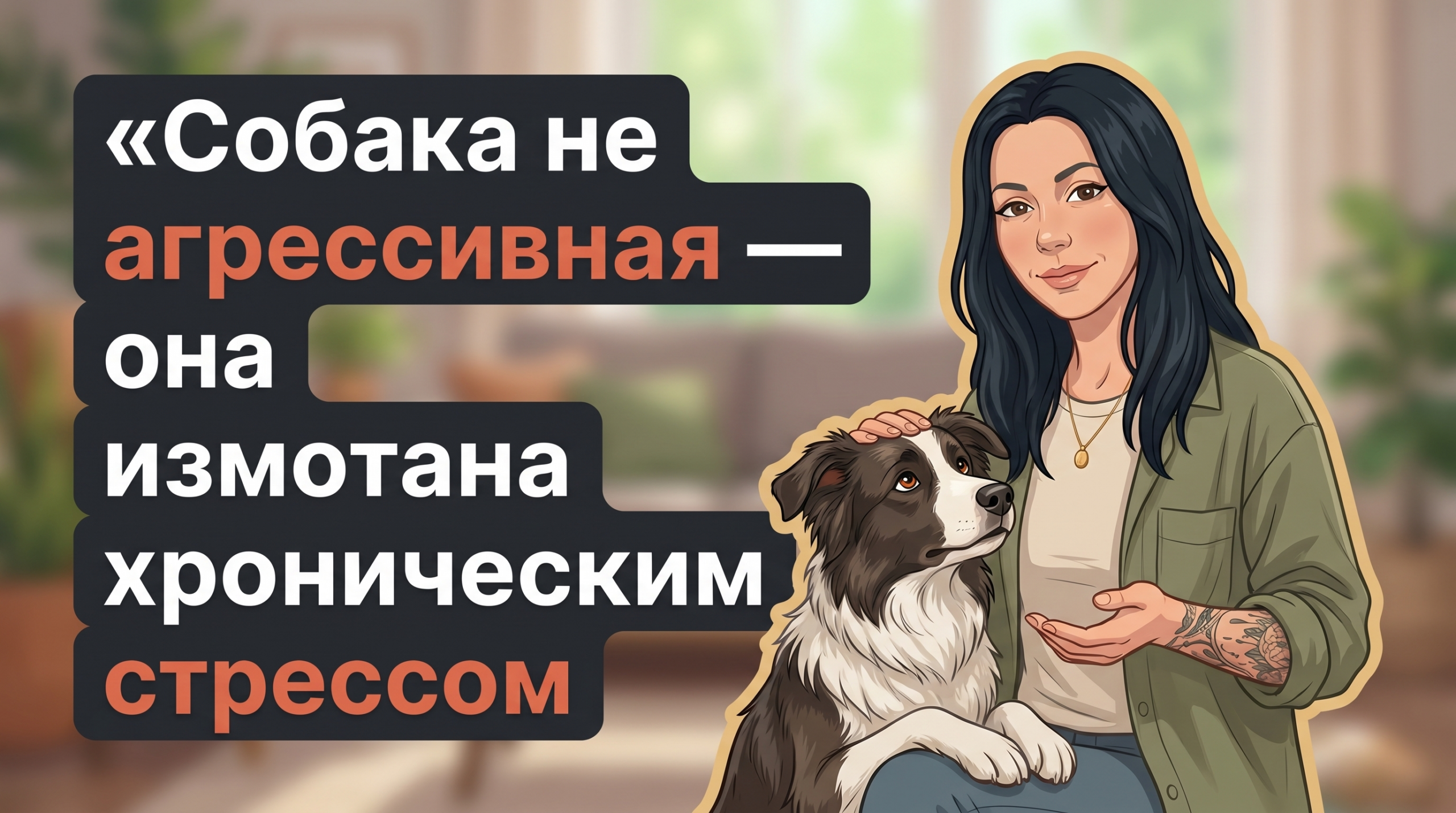 Анна из Korektika-Pes и собака на фоне дома, заголовок о хроническом стрессе и неагрессивной собаке.