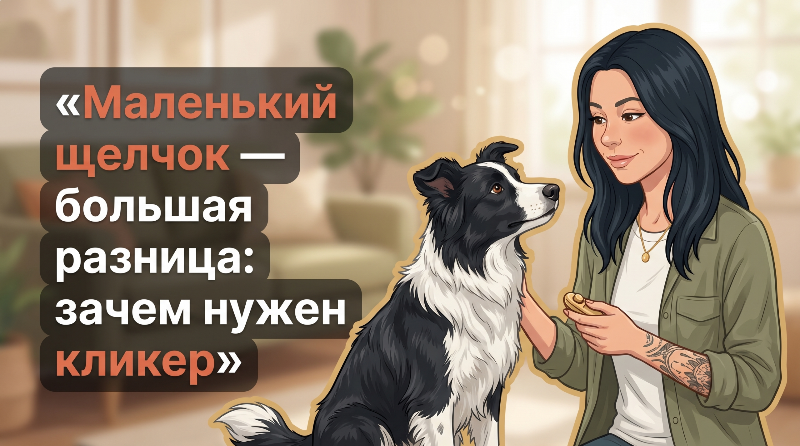 Обложка Korektika-Pes: Анна с татуировками и собакой в комнате, в руке у Анны кликер.