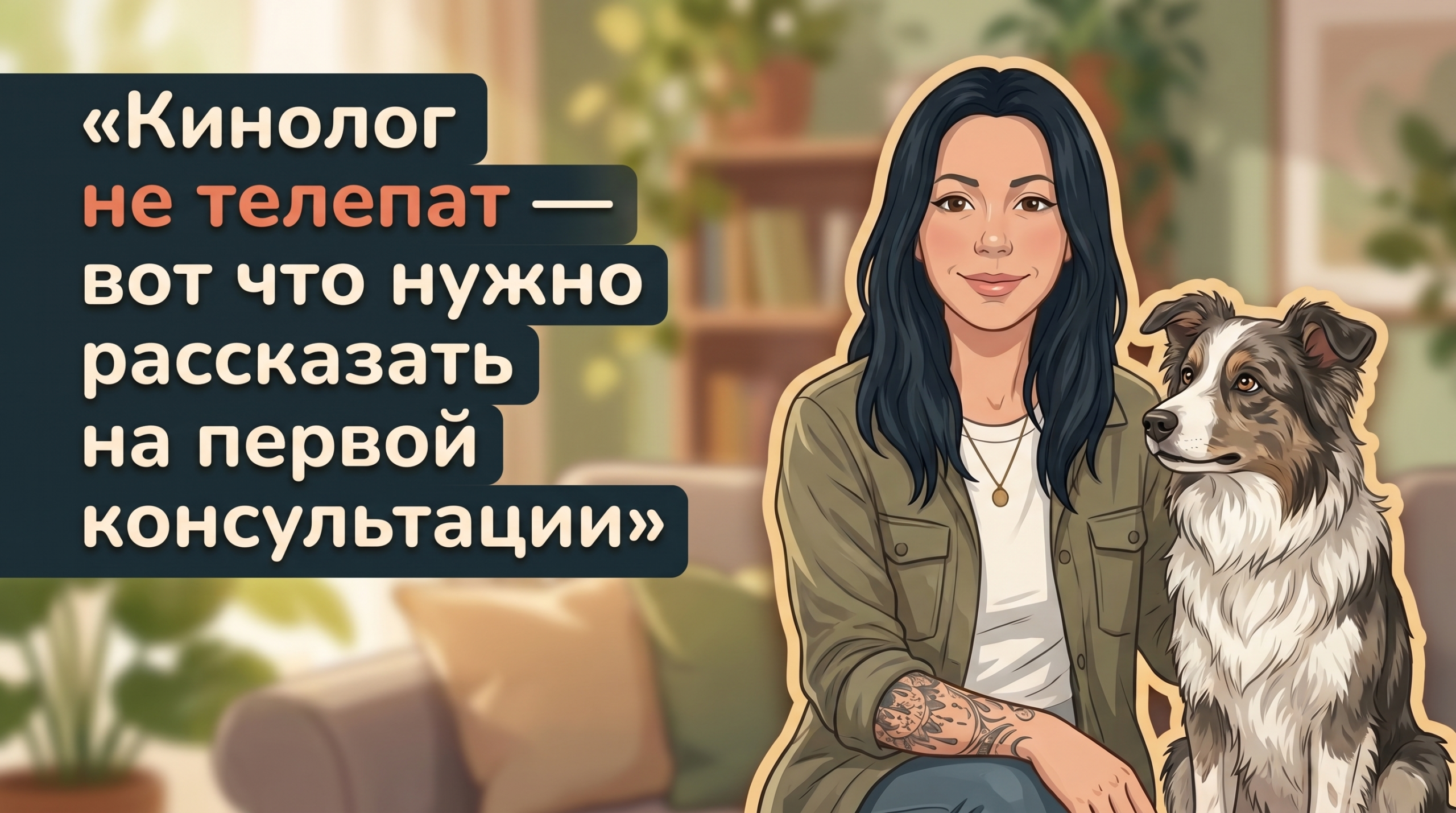 Обложка Korektika-Pes: Анна с татуировками и собака на диване, заголовок о том, что кинолог не телепат.