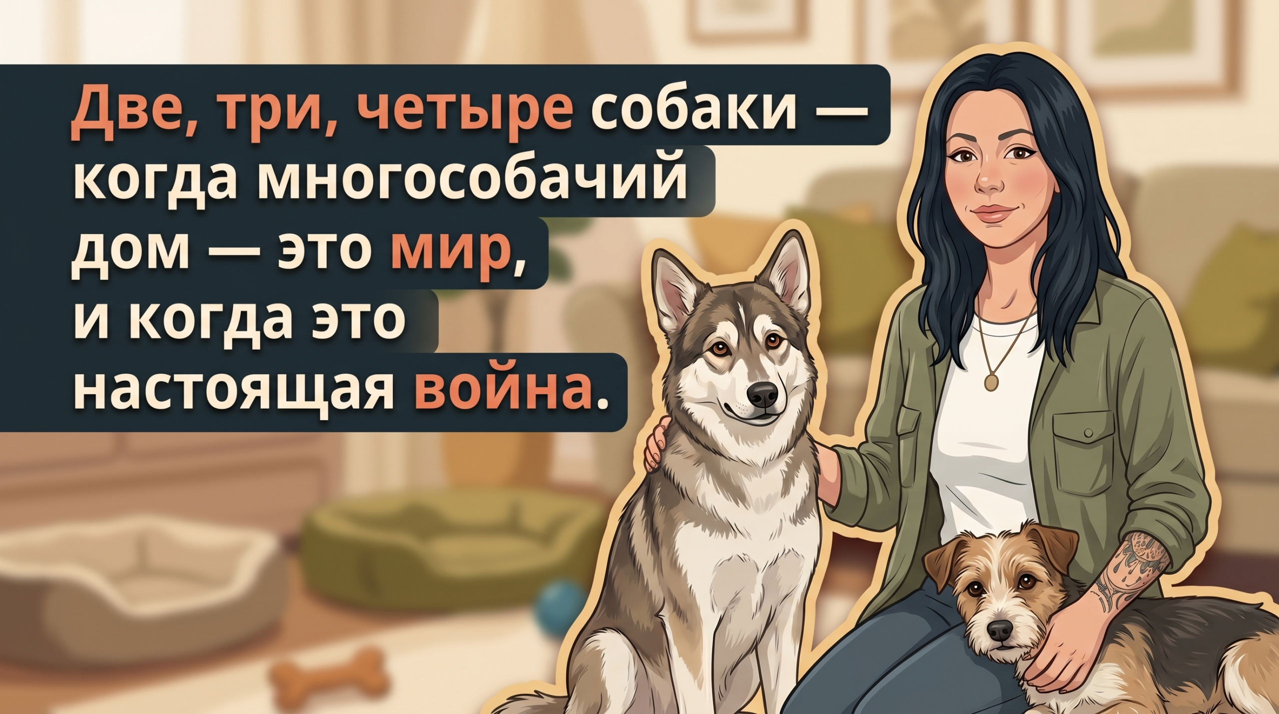 Обложка Korektika-Pes: Анна с двумя собаками и заголовок про многособачный дом.