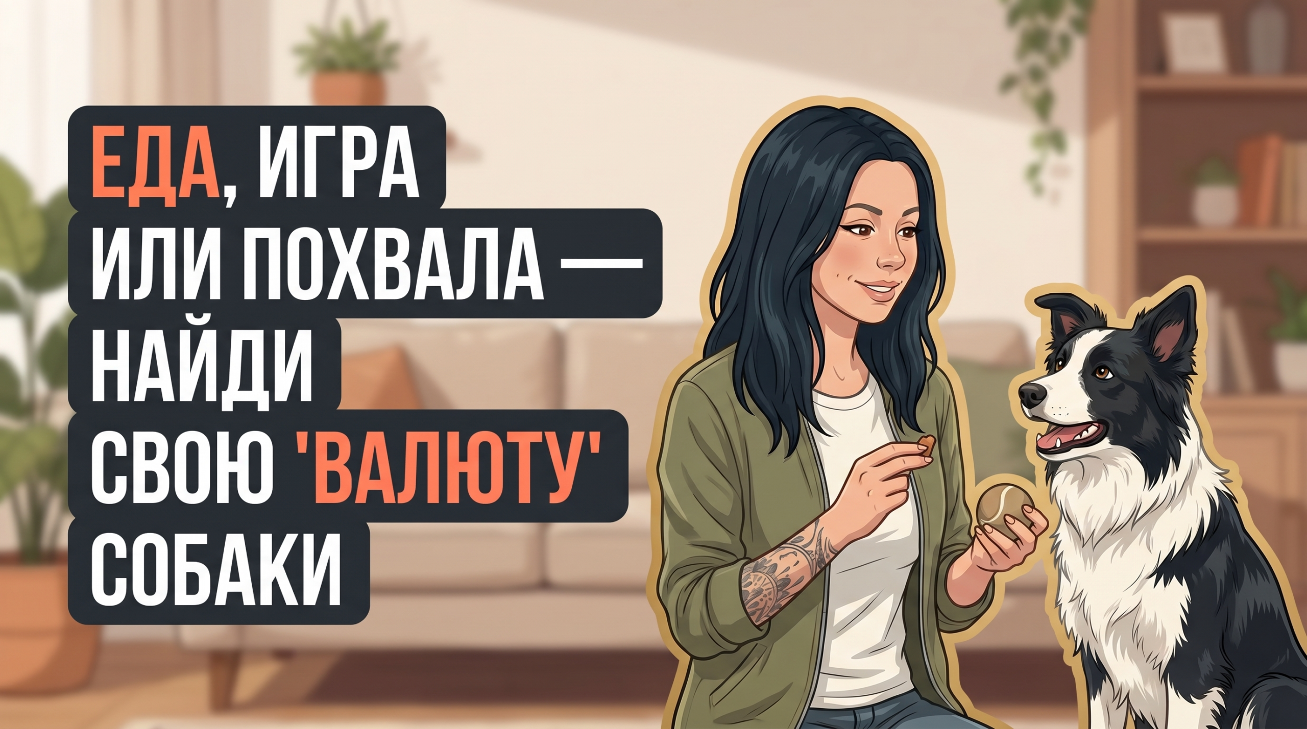 Анна Korektika-Pes с активной собакой дома показывает еду, игрушку и контакт как мотивацию.