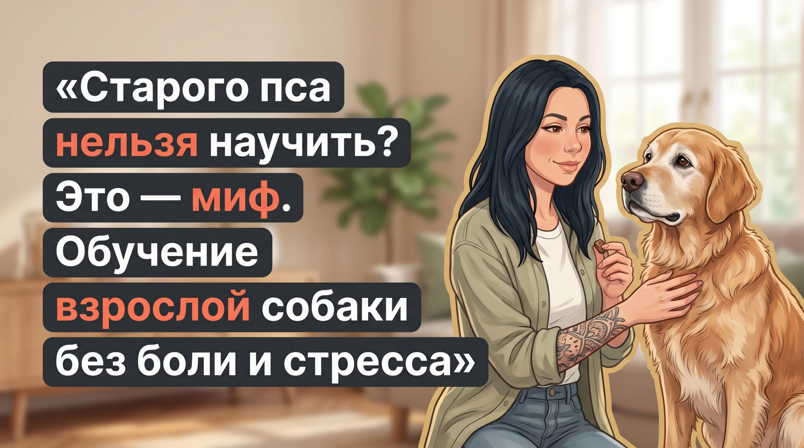 Анна Korektika-Pes с пожилым ретривером в гостиной и заголовком об обучении взрослой собаки.