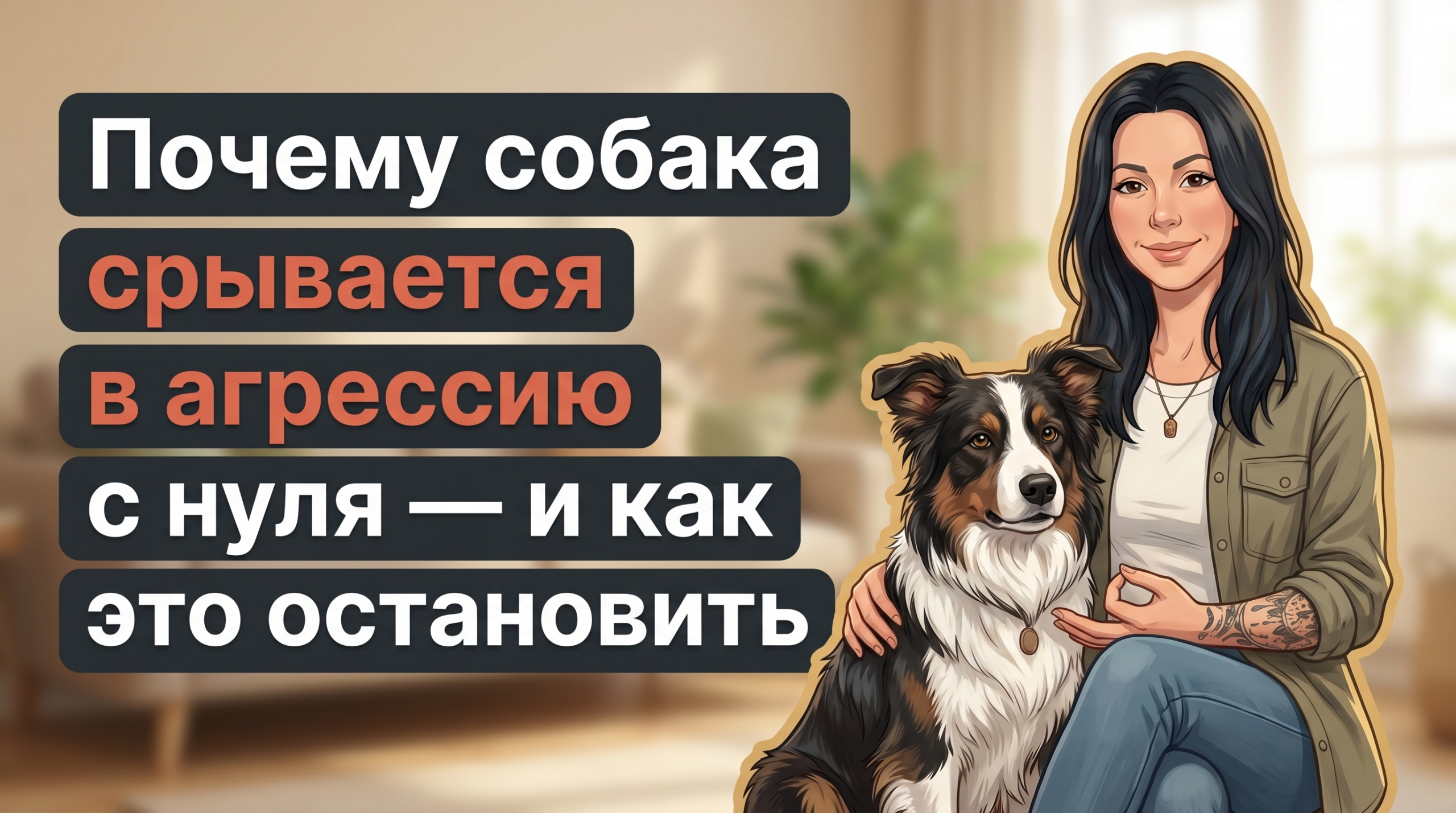Анна из Korektika-Pes с собакой в гостиной, слева заголовок про агрессию и окно толерантности.