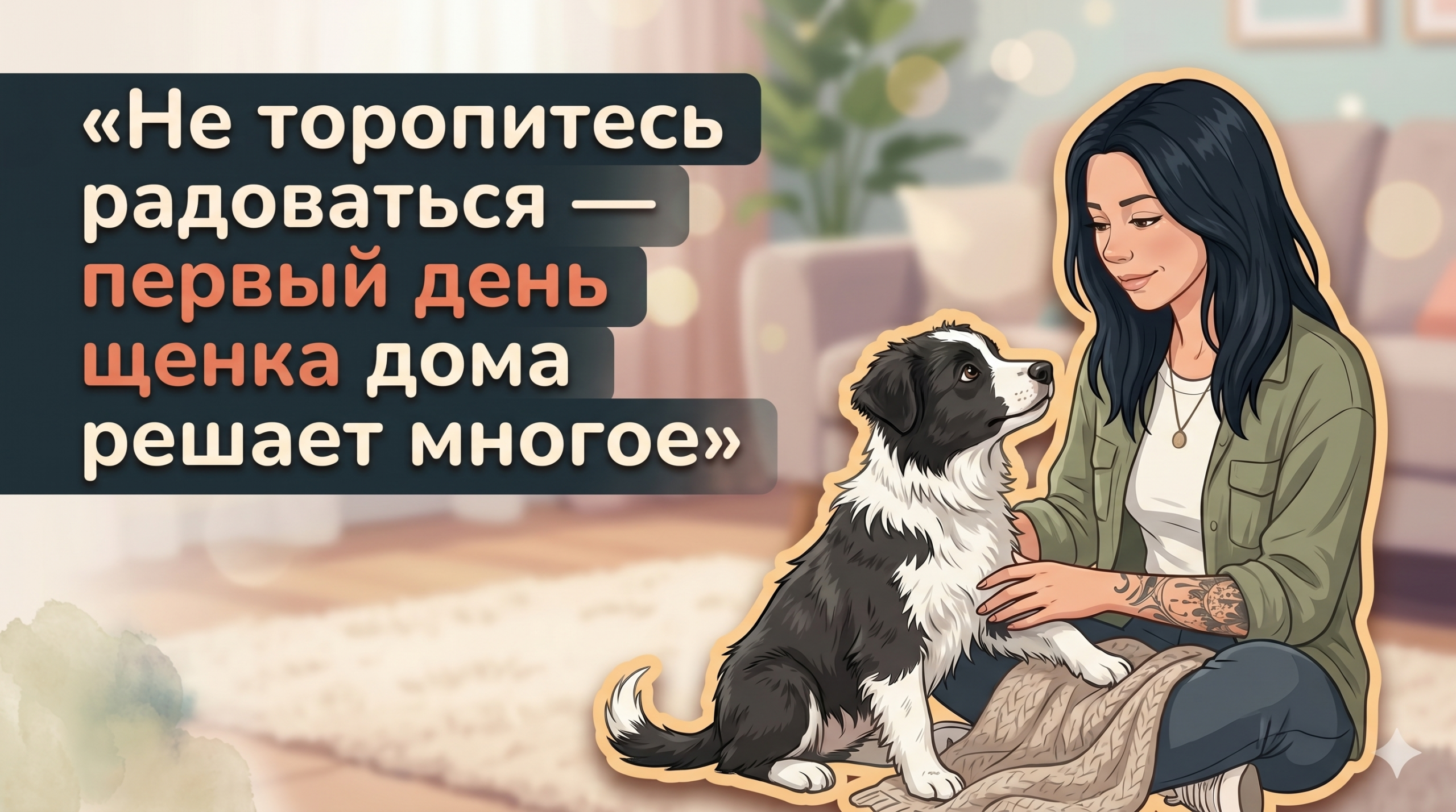 Обложка Korektika-Pes: Анна с щенком в комнате и текст о первом дне щенка дома.
