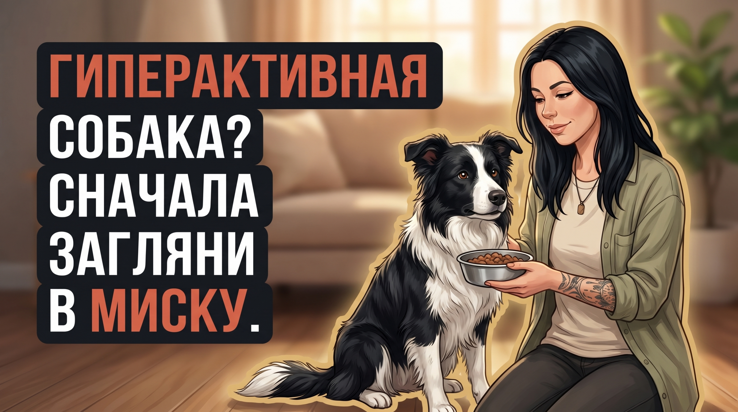 Обложка Korektika-Pes: Анна с бордер-колли и миской корма, заголовок о гиперактивной собаке и питании.
