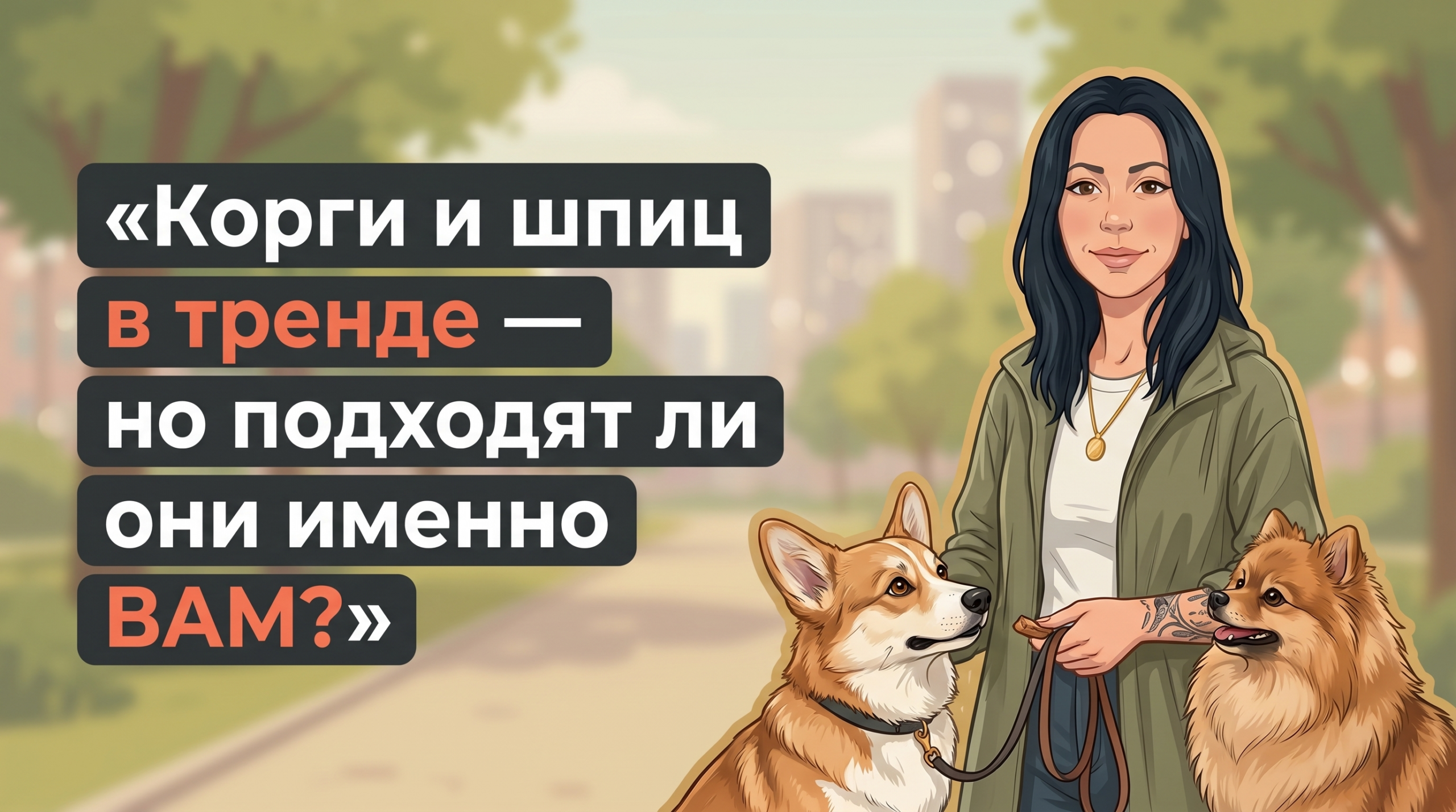 Анна Korektika-Pes с корги и шпицем в парке и заголовком о выборе популярных пород 2025.