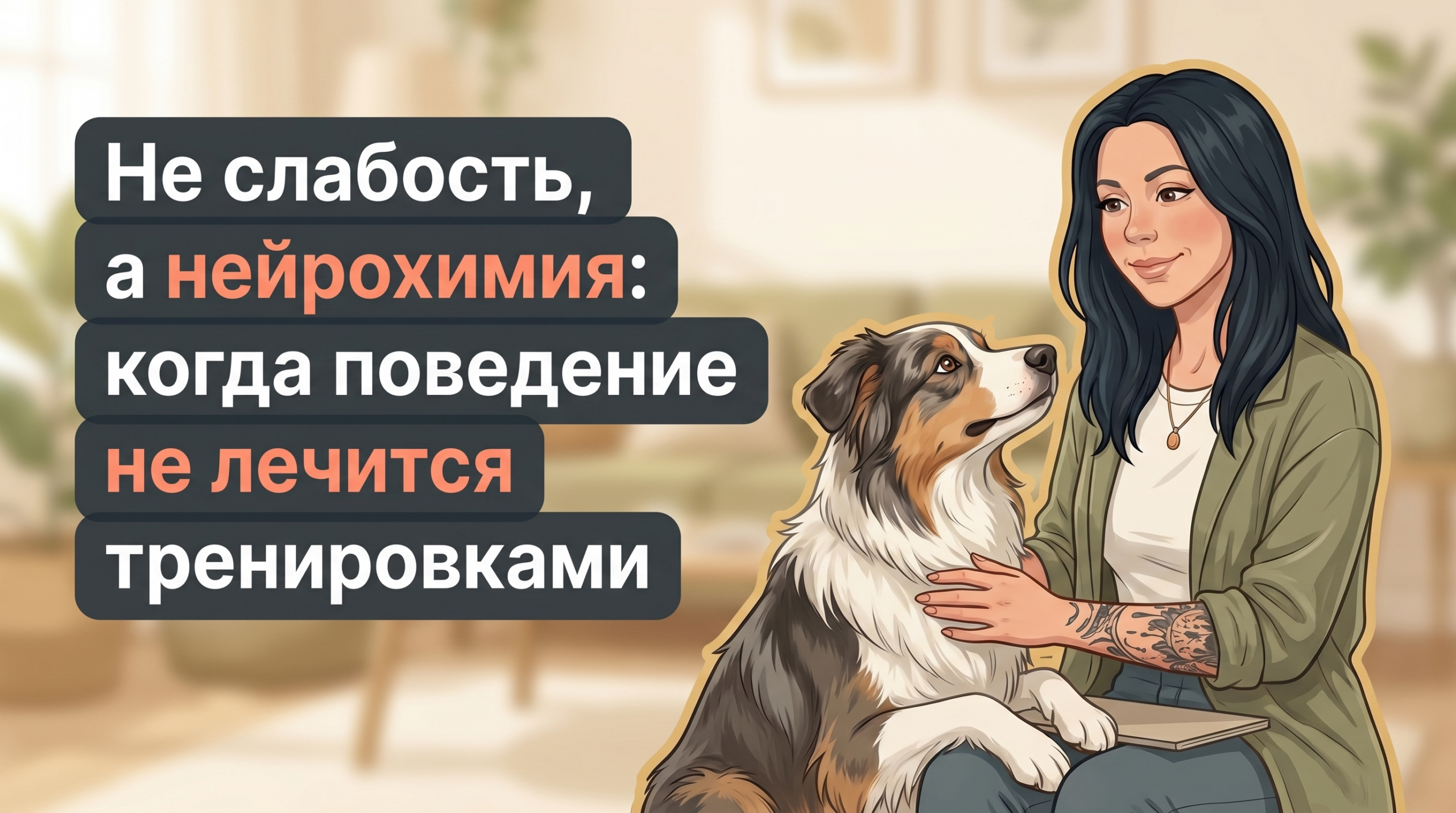 Обложка Korektika-Pes: Анна с татуировками и собака рядом, заголовок о нейрохимии и тренировках.