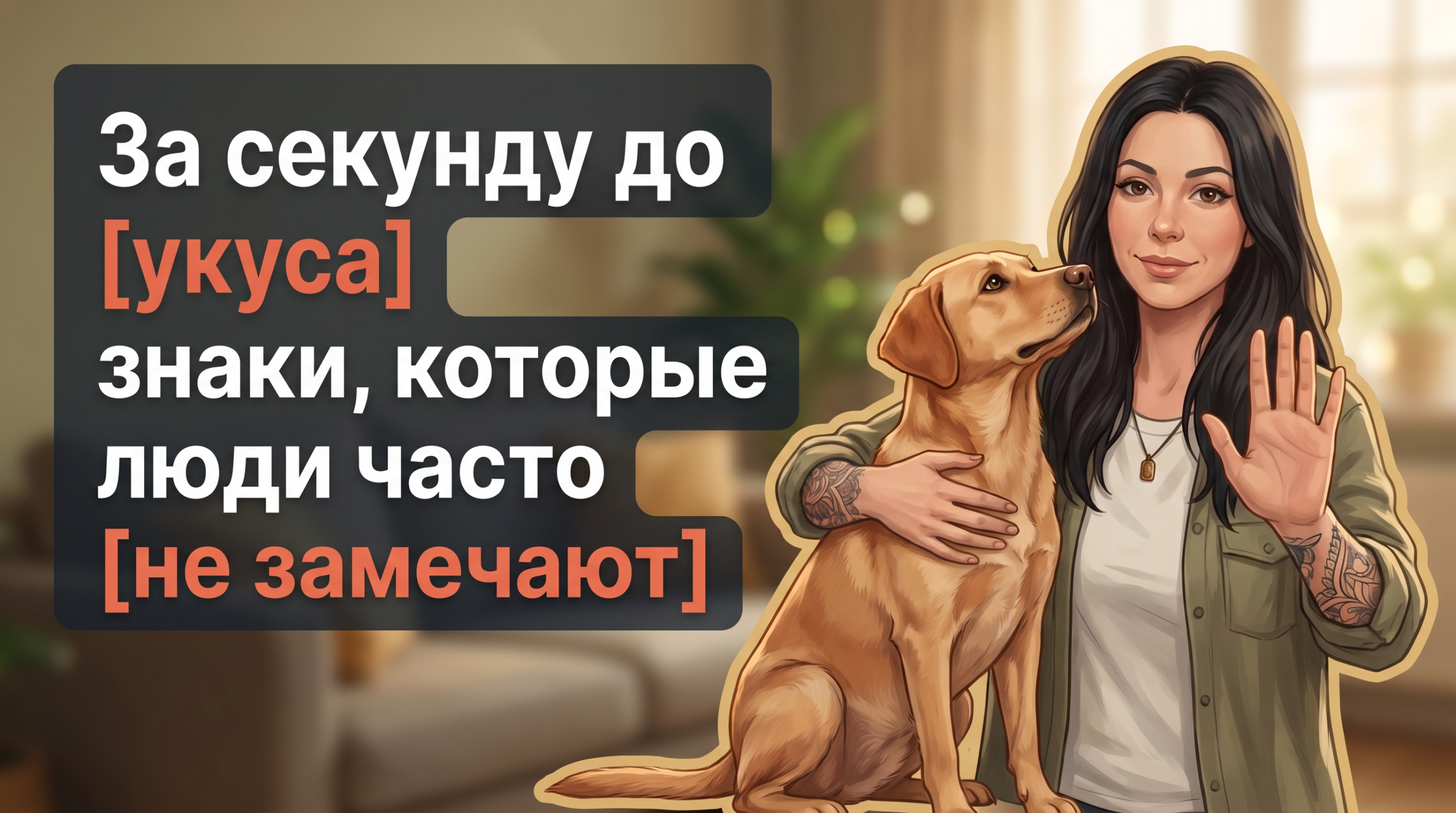 Обложка Korektika-Pes: Анна с собакой в комнате и заголовок о признаках перед укусом.