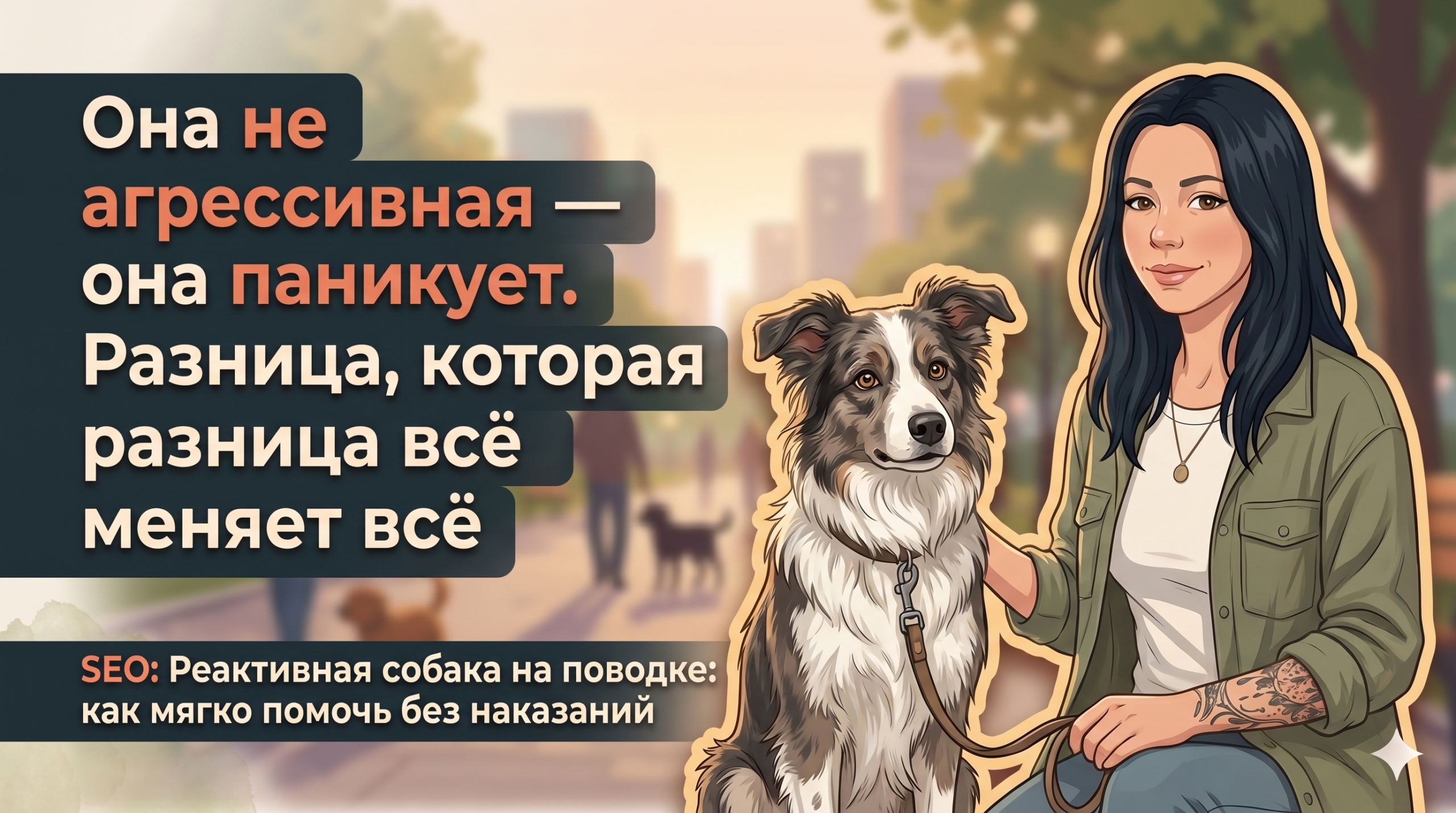 Анна Korektika-Pes в парке с собакой на поводке и заголовком о поводочной реактивности.