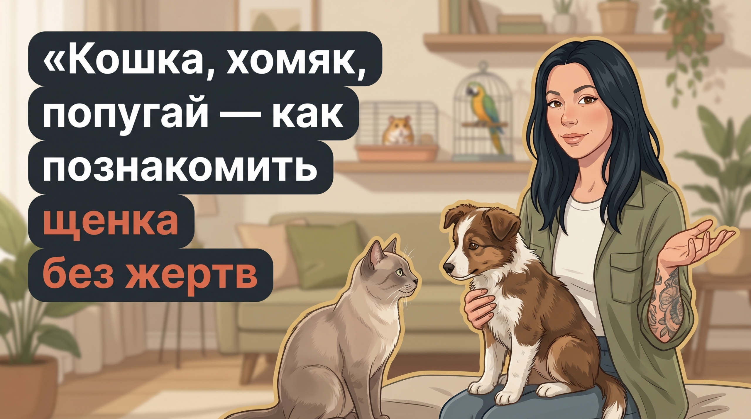 Анна Korektika-Pes со щенком, кошкой, хомяком и попугаем на тёплом домашнем фоне, заголовок о безопасном знакомстве.