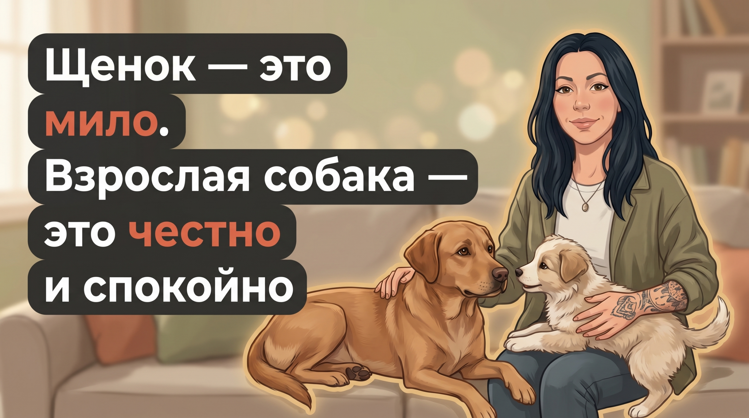 Обложка Korektika-Pes: Анна с щенком и взрослой собакой в гостиной, заголовок о честном выборе.