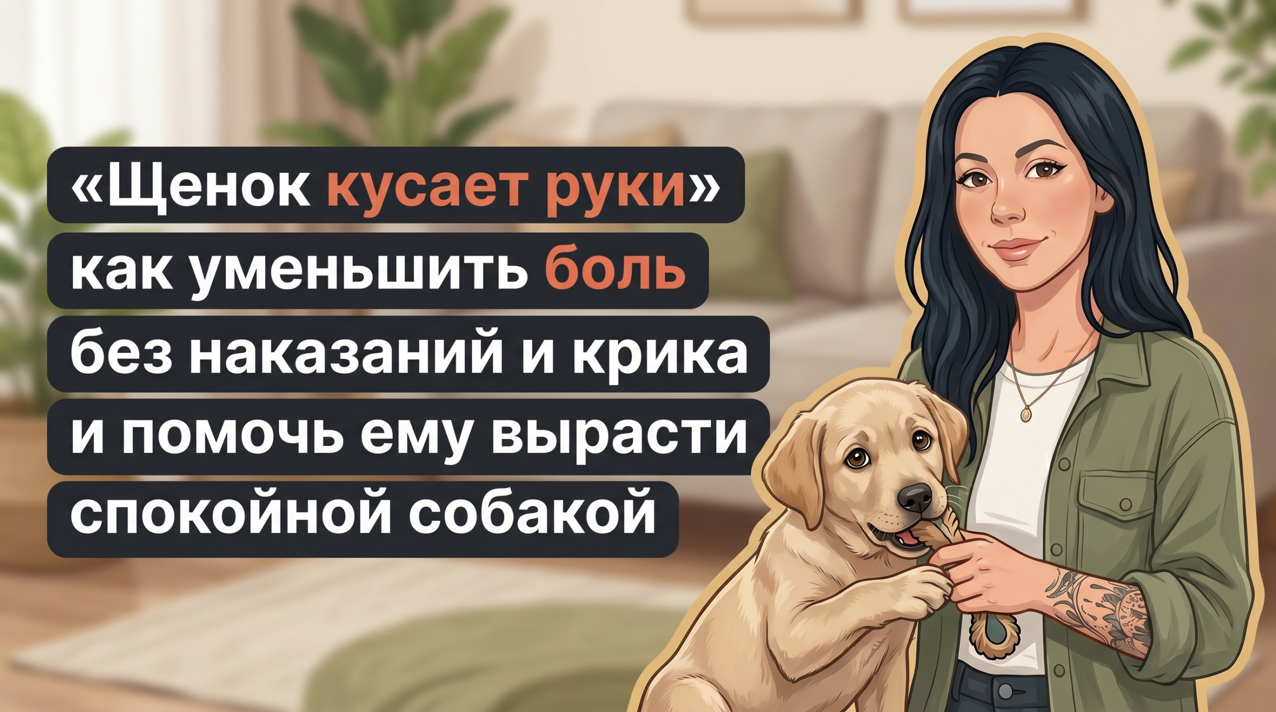 Обложка Korektika-Pes: Анна с татуировками учит щенка мягко брать руку вместо больных укусов.