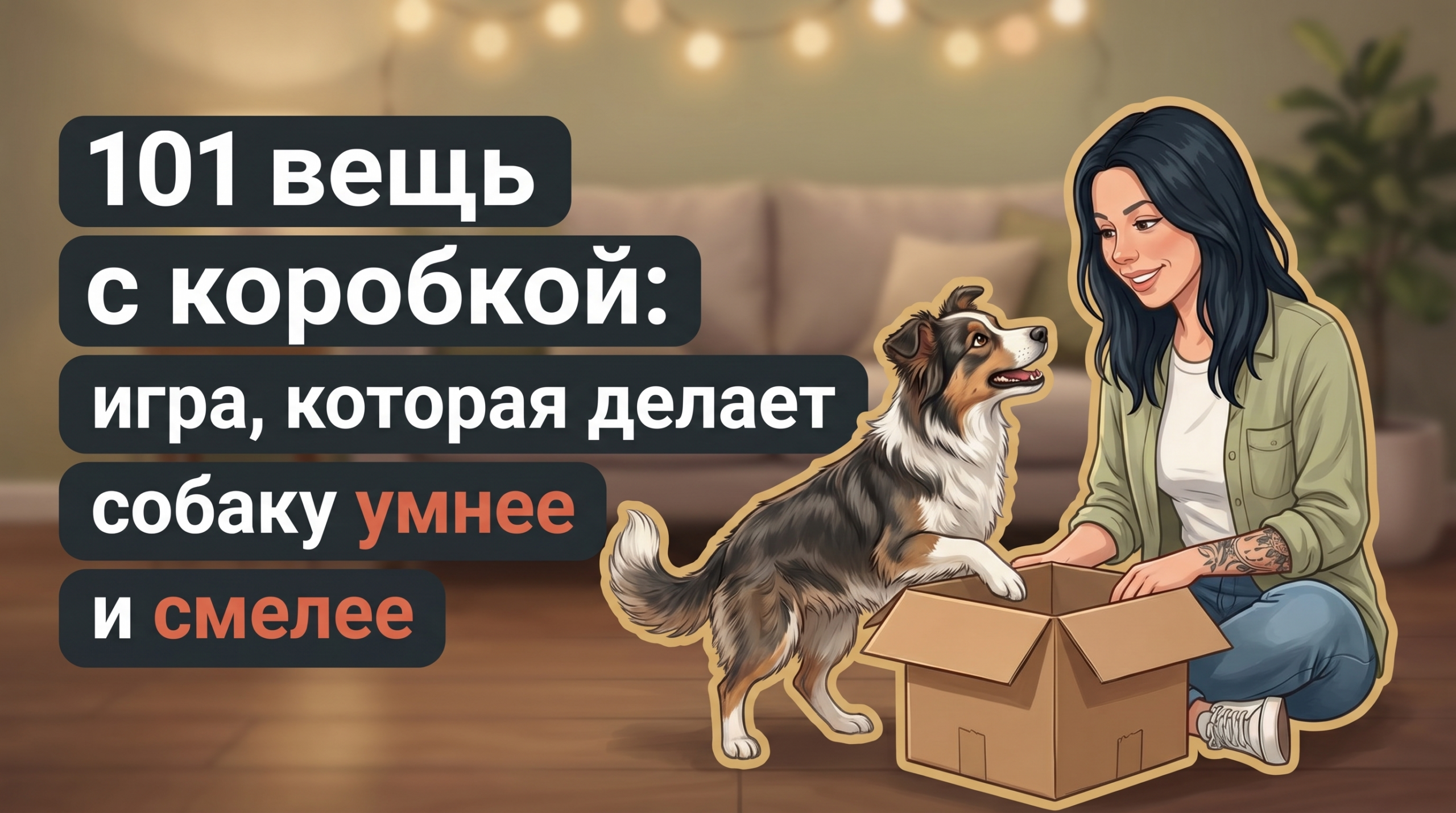 Обложка Korektika-Pes: Анна с татуировками и собака у коробки, заголовок про шейпинг собак.