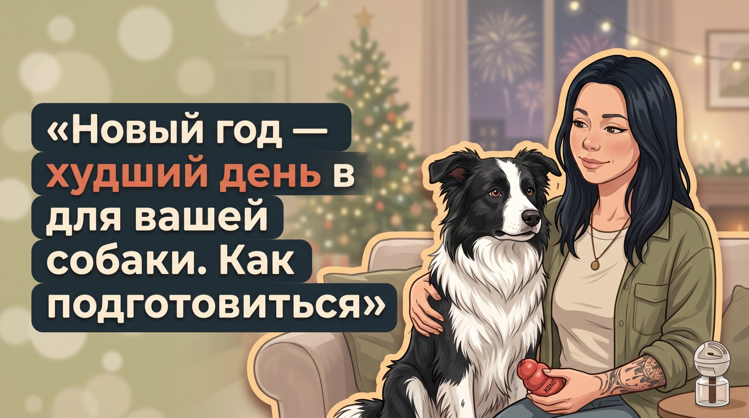 Обложка Korektika-Pes: Анна с татуировками обнимает тревожную собаку дома в новогоднюю ночь.