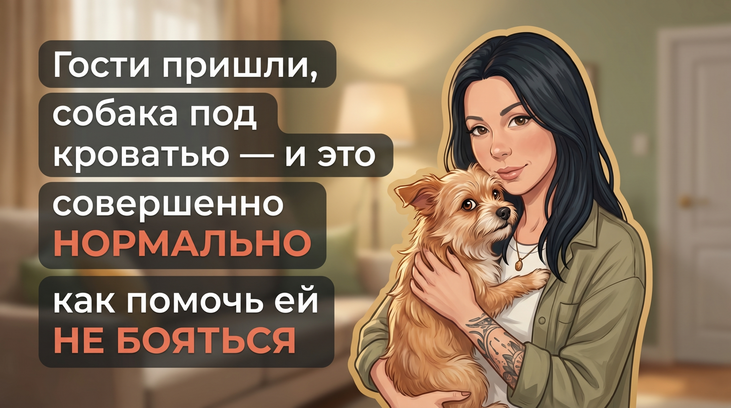 Обложка Korektika-Pes: Анна с пугливой собакой на руках и заголовок про страх гостей.