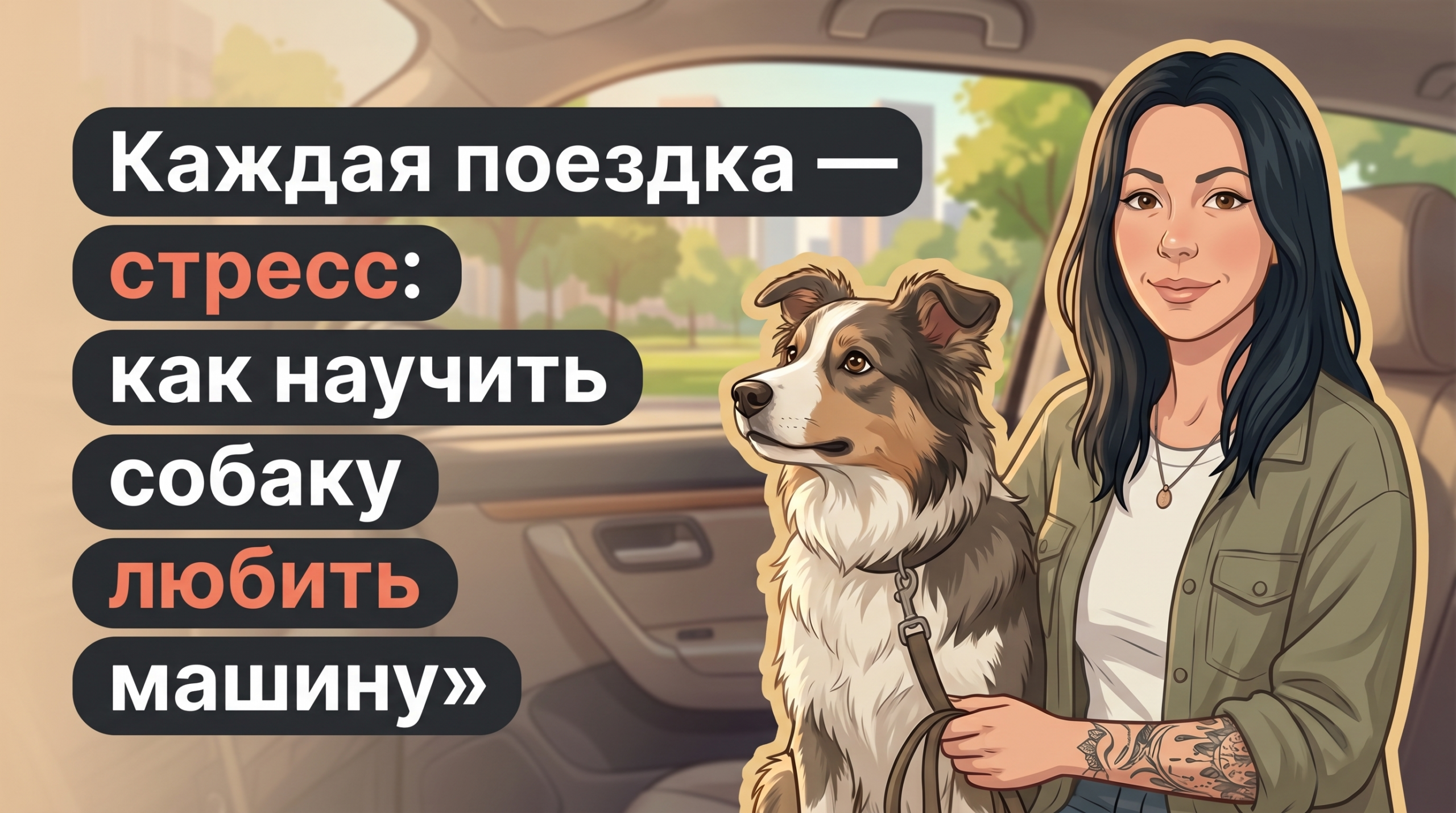 Обложка Korektika-Pes: Анна и собака в машине, заголовок о том, как полюбить поездки.