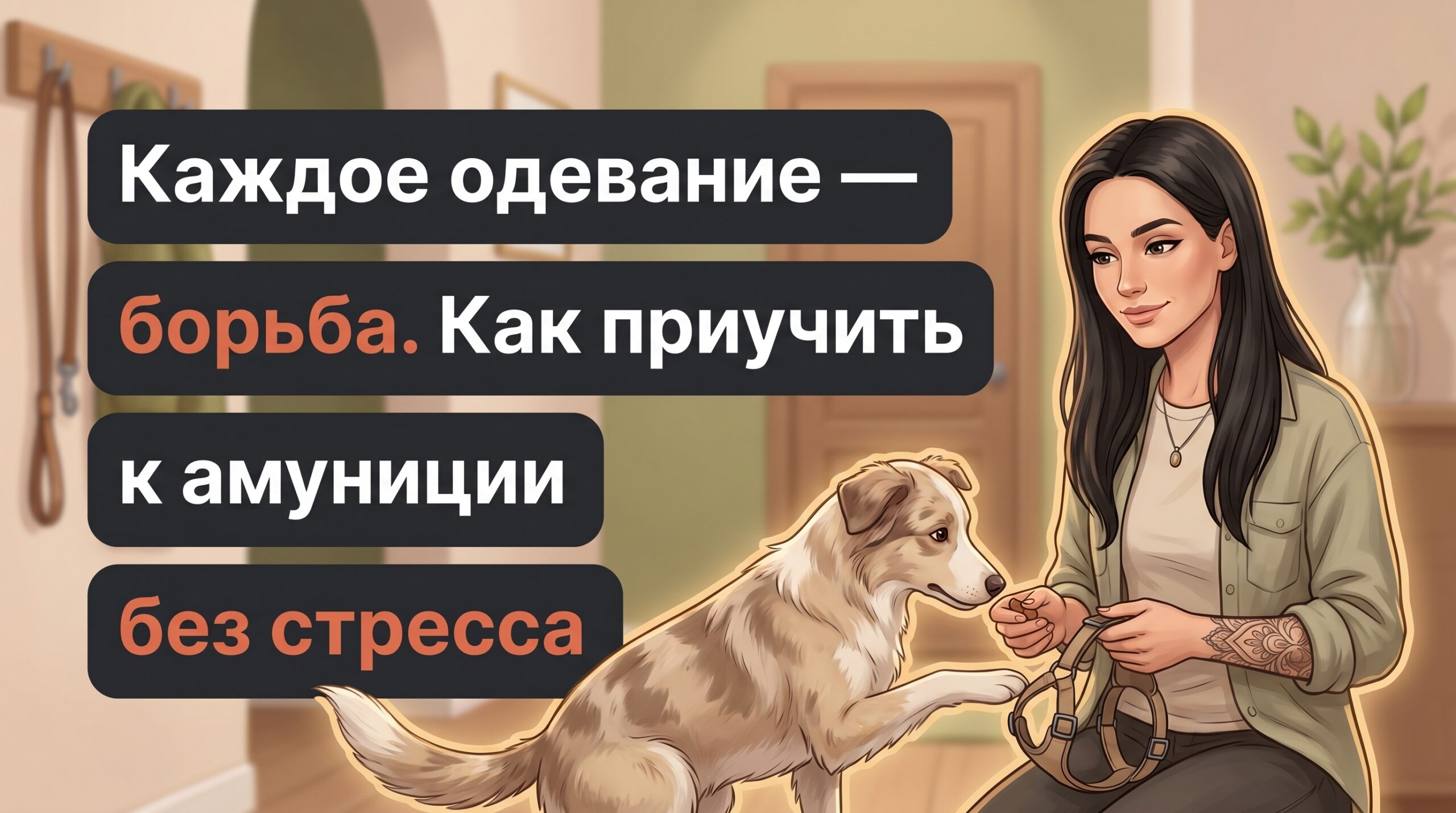 Анна и собака в прихожей: детально прорисованная тренировка приучения к шлейке без стресса.