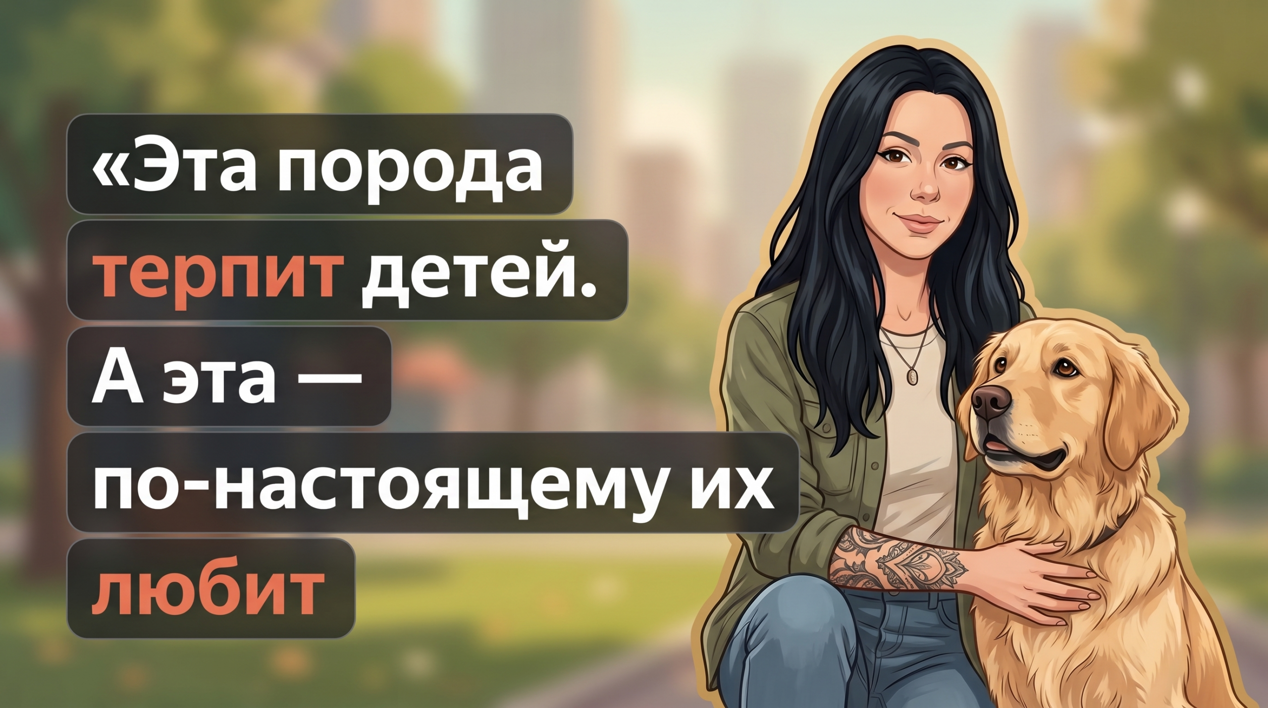Обложка Korektika-Pes: Анна с золотистым ретривером в парке и текст о породах для детей.