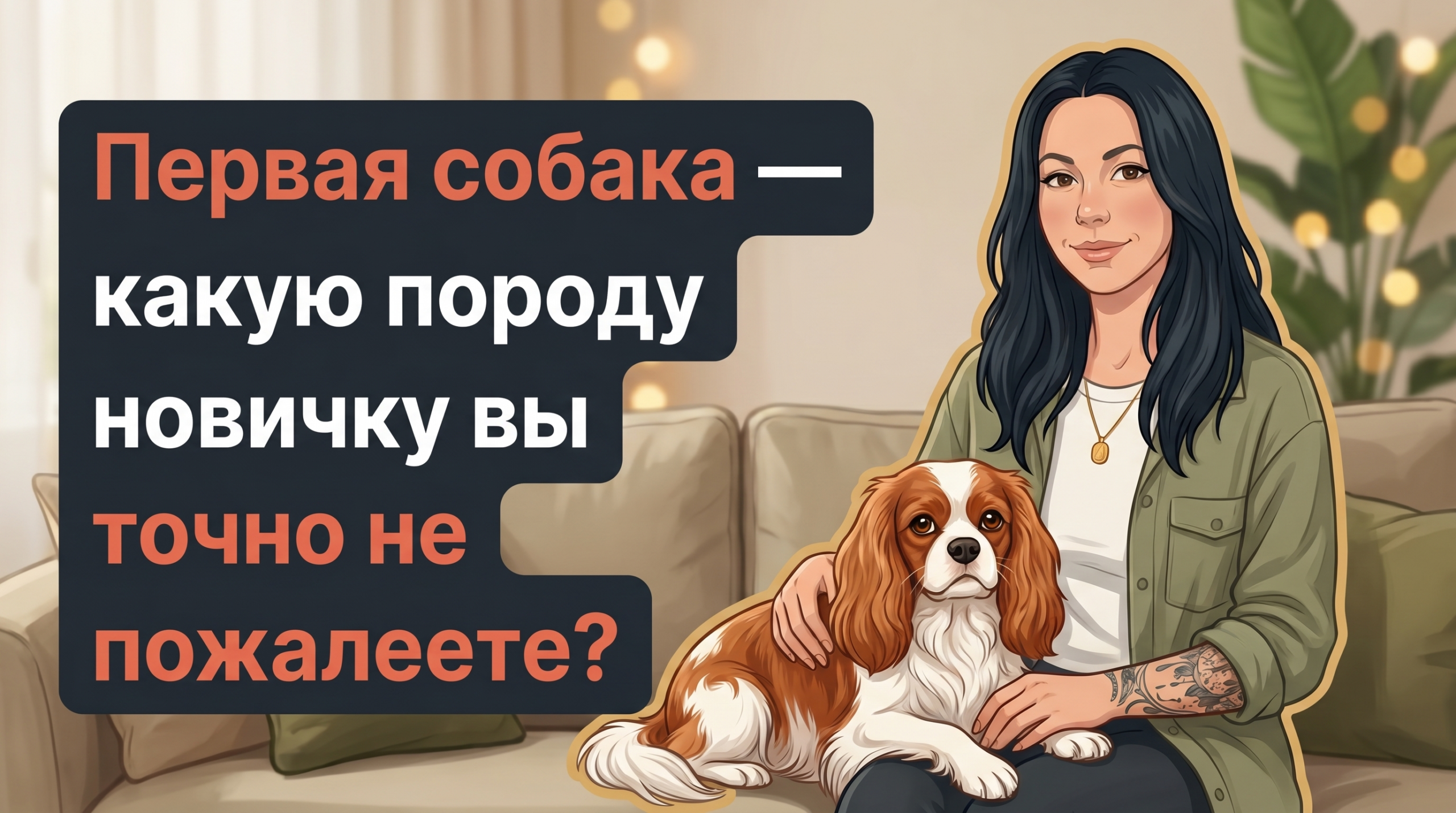 Обложка Korektika-Pes: Анна с кавалер-кинг-чарльз-спаниелем и заголовком о выборе первой собаки.