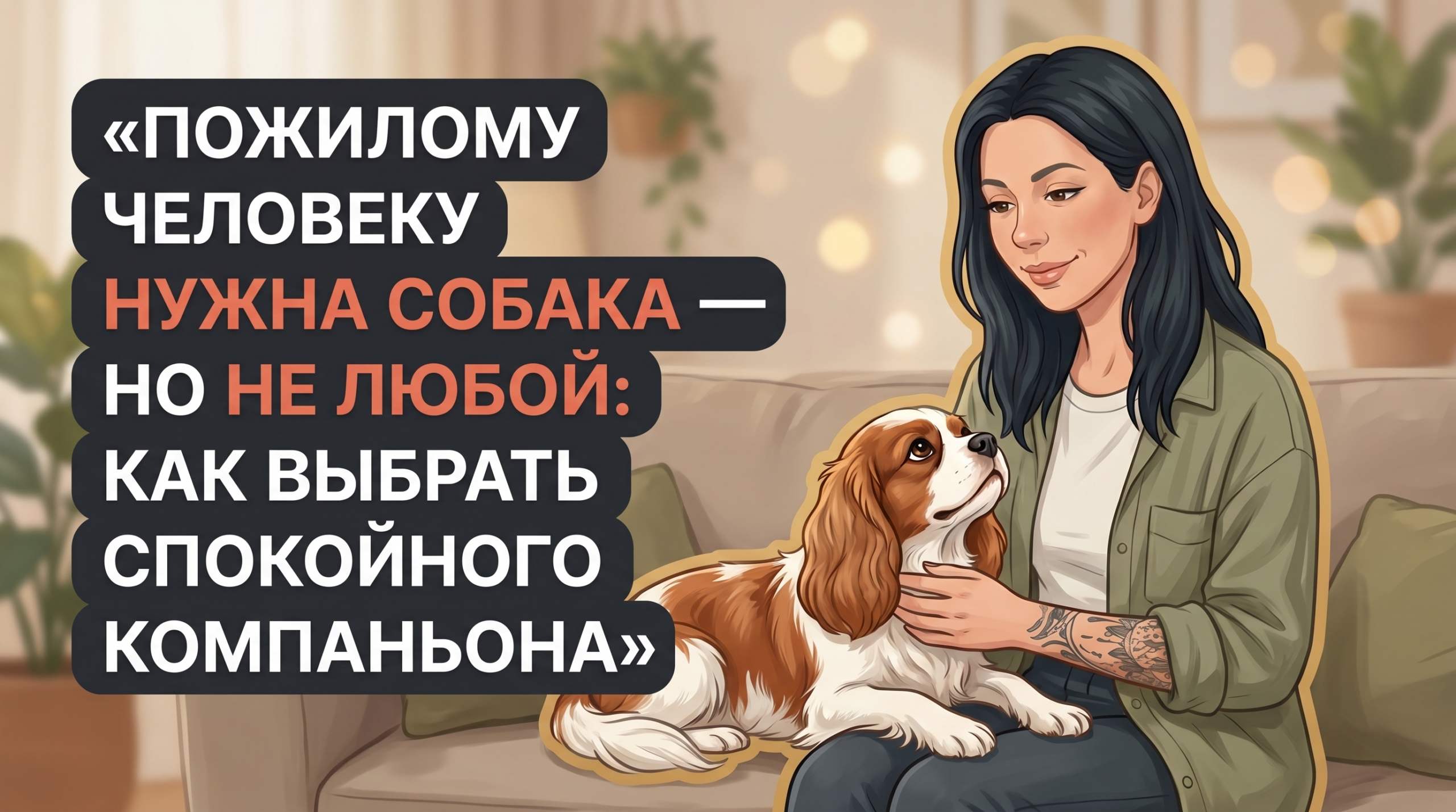 Анна Korektika-Pes с спокойной собакой дома и заголовком о выборе собаки для пожилых.