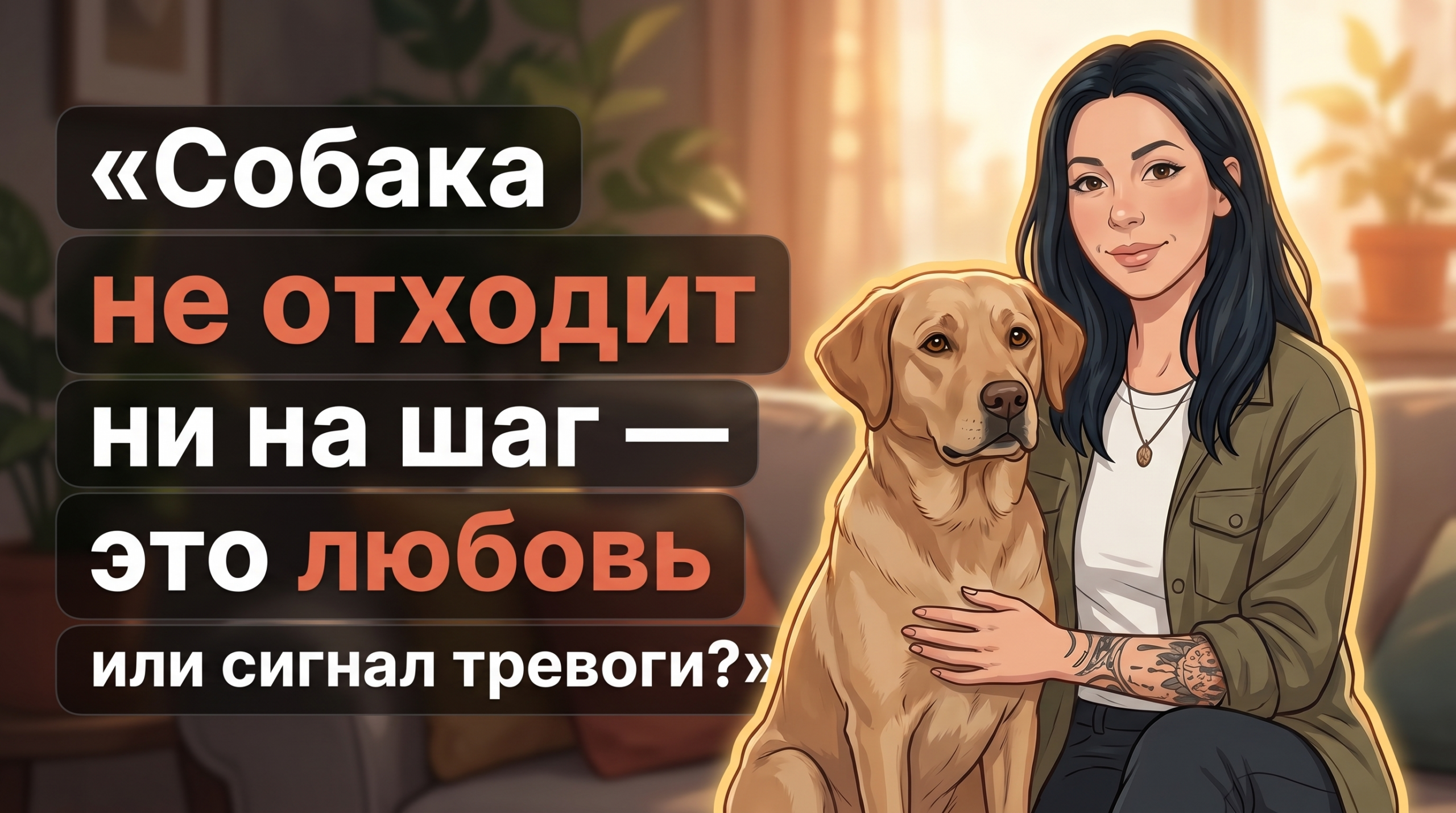 Обложка Korektika-Pes: Анна с собакой на диване и заголовок про собаку, которая не отходит.