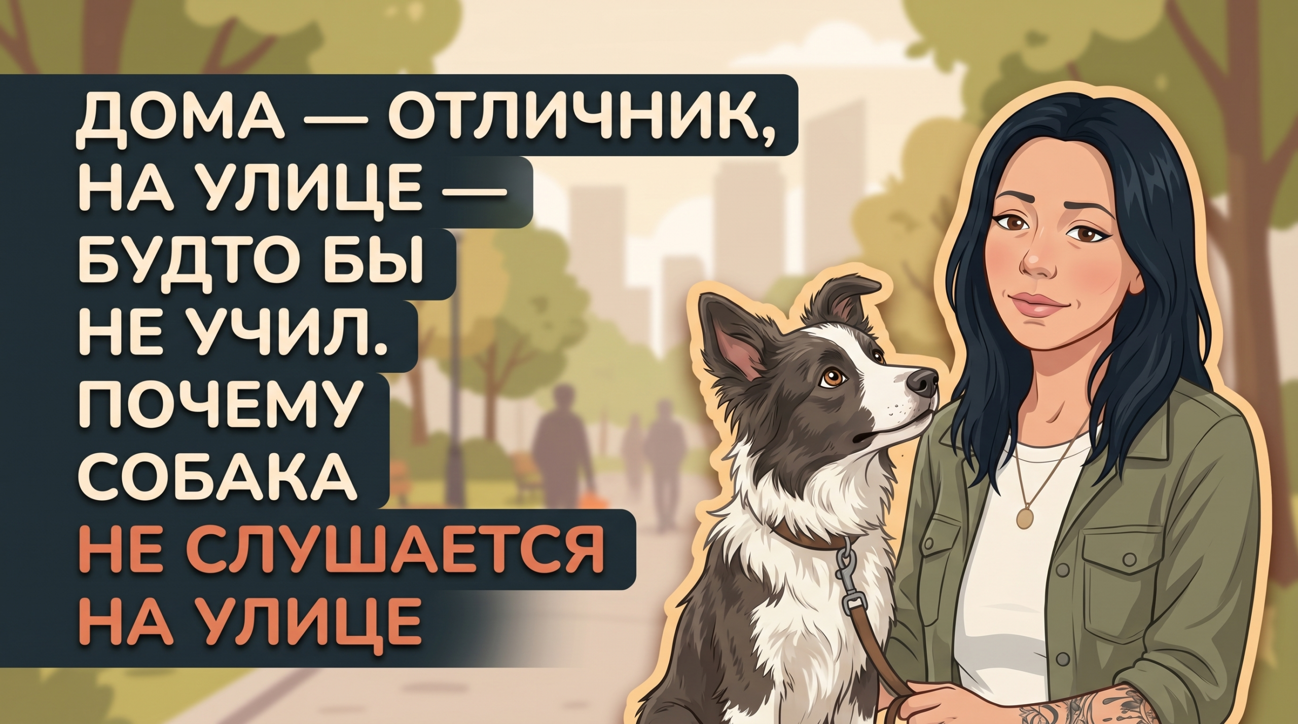Обложка Korektika-Pes: Анна с собакой в городском парке и заголовок о том, что собака не слушается на улице.
