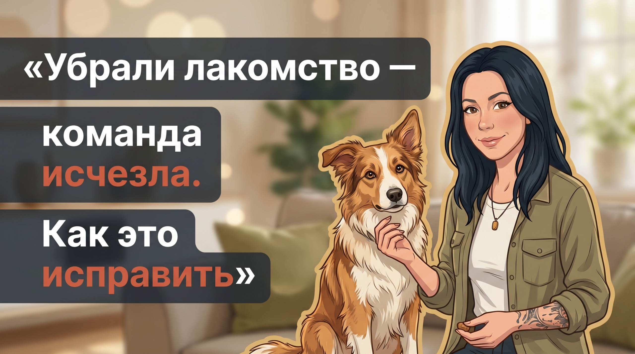 Обложка Korektika-Pes: Анна с татуировками и собака в гостиной, текст о командах без лакомства.