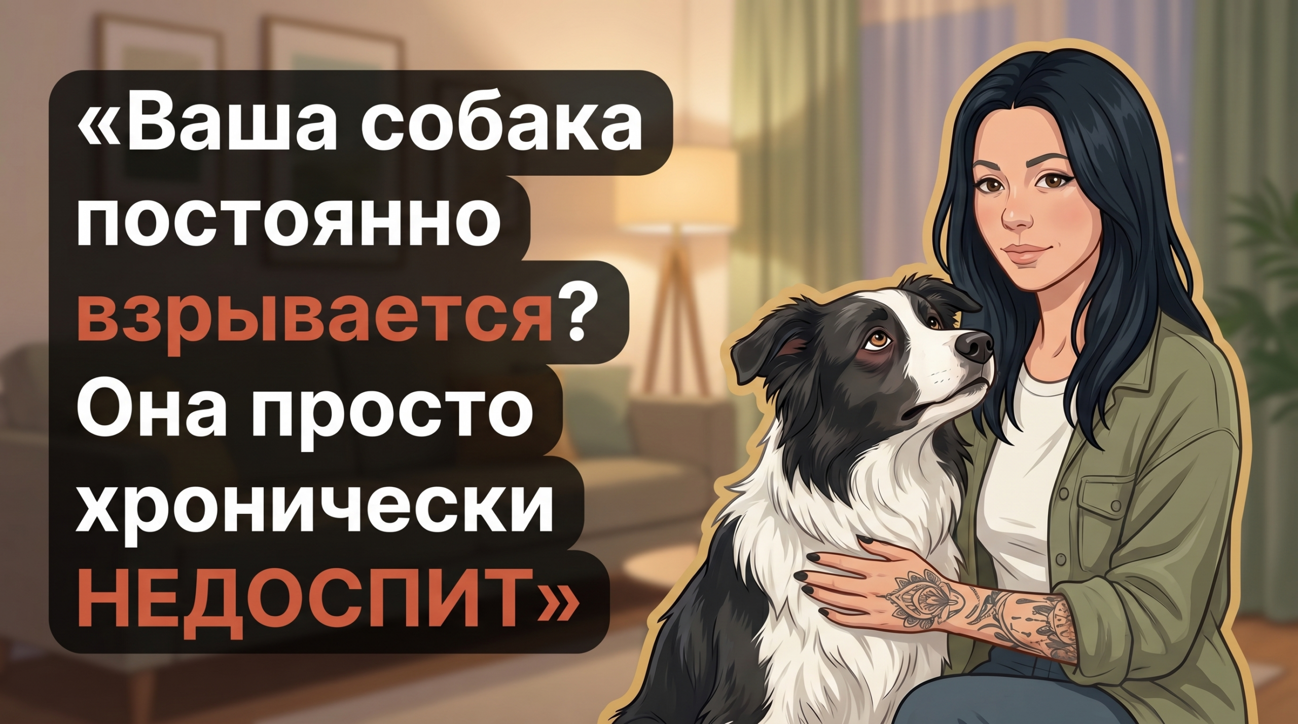 Анна Korektika-Pes с бордер-колли вечер дома, текст о недосыпе и реактивности собаки.