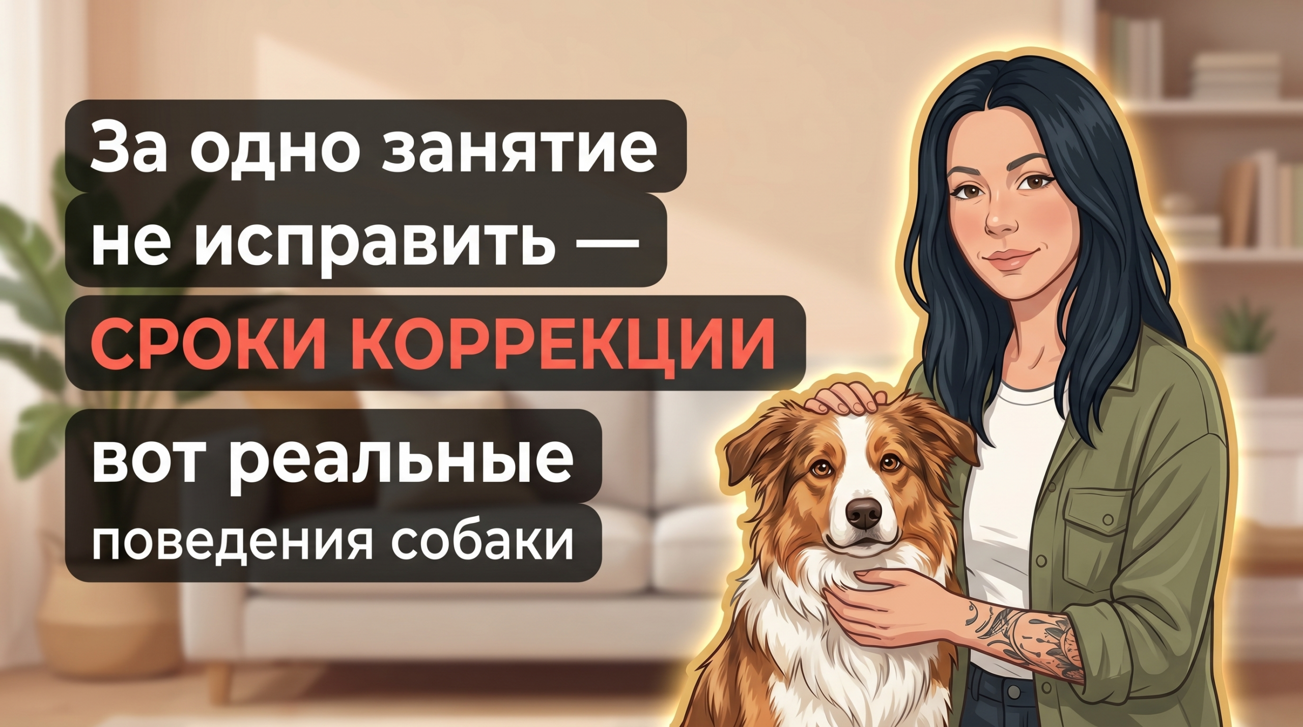 Обложка Korektika-Pes: Анна с собакой в гостиной и заголовок о реальных сроках коррекции поведения.